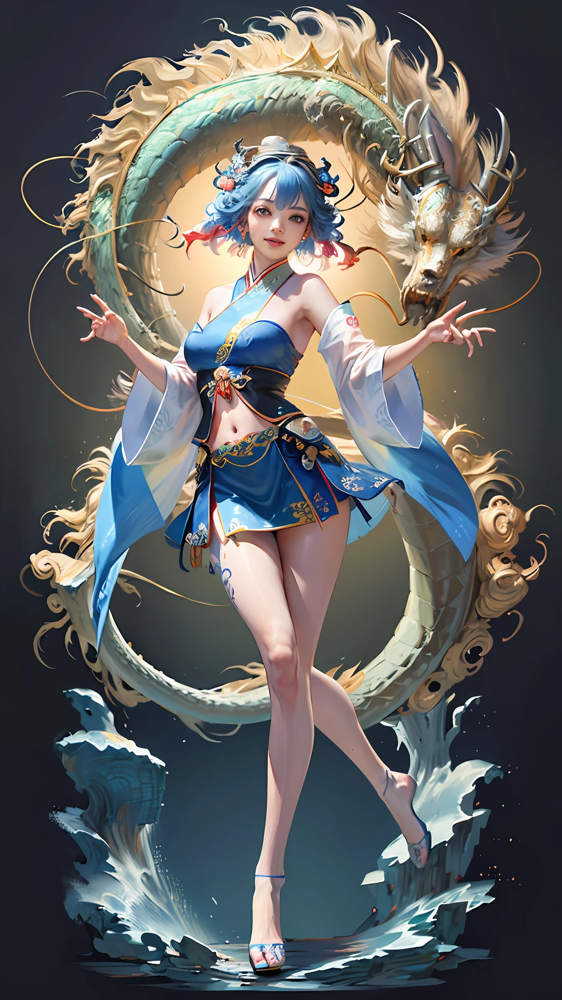 Official Art, Unified 8K Wallpapers, Ultra Detailed, Beautiful and Aesthetic, Masterpiece, Best Quality, (Zentangle, Tangle, Entangle), (fractal art: 1.4), 1girl, black hair, Chinese, bare shoulders, short skirt, calf, navel, very detailed, dynamic angle, cowboyshot, (most beautiful form chaos), flowing, (bright colors), oc, (half: 1.2), china, (thangka flying sky: 1.5), (ribbon: 1.3), (dream: 1.5), (hanfu: 1.5), Chinese dragon, Chinese phoenix, (smile: 0.5), (Chinese deity),