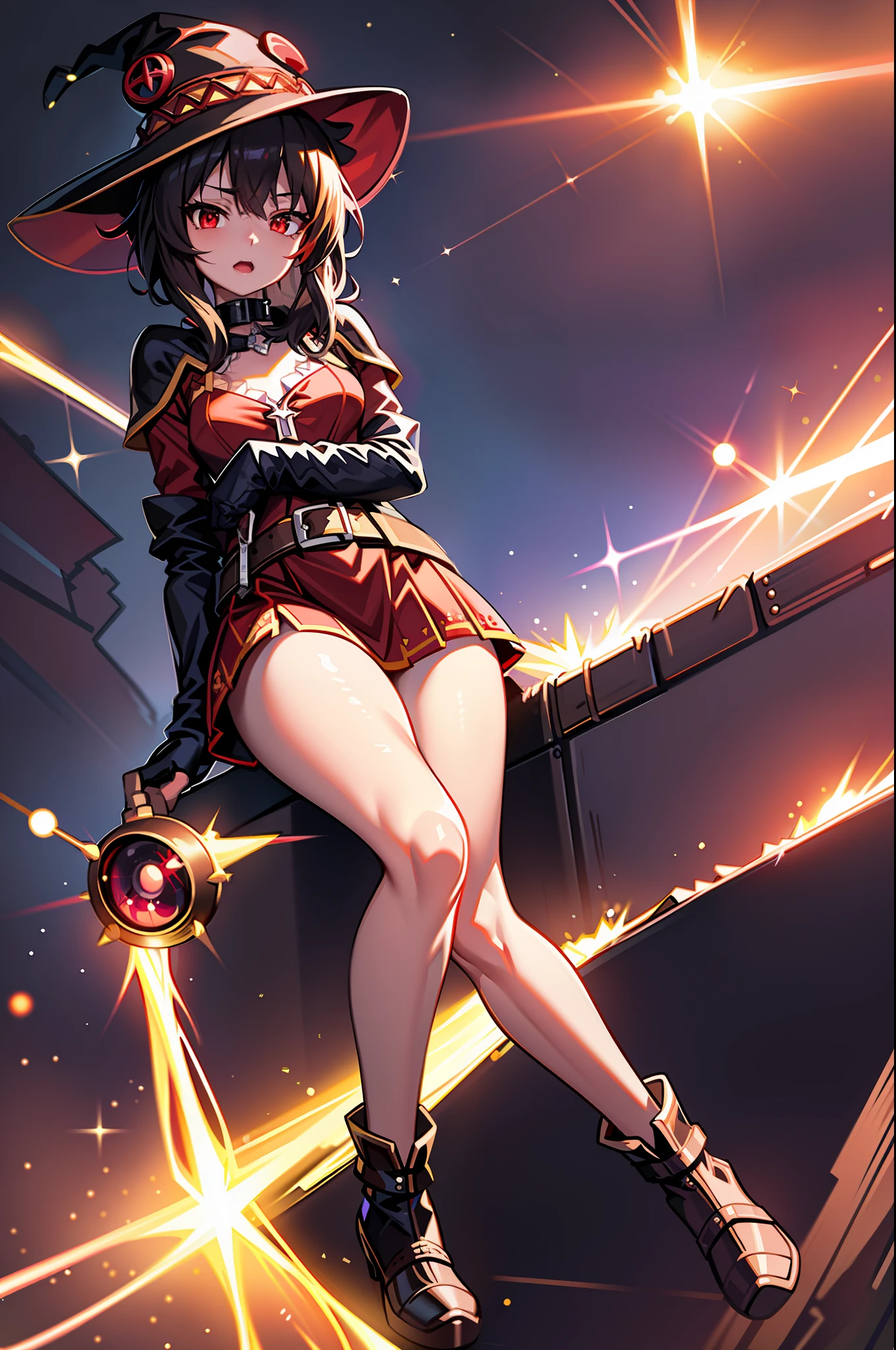 ((best quality)), ((masterpiece)), (detailed), ultra detailed, 1girl, solo
stare, looking at viewer, (interview:1.3),
1girl, beam, belt, black_hair, brown_hair, cape, collar, convenient_censoring, diffraction_spikes, dress, eyebrows_visible_through_hair, fingerless_gloves, gloves, glowing, glowing_weapon, hat, holding, laser, lens_flare, light_censor, light_rays, looking_at_viewer, magic, megumin, open_mouth, red_dress, red_eyes, short_hair, small_breasts, solo, sparkle, sparks, staff, thighhighs, witch_hat