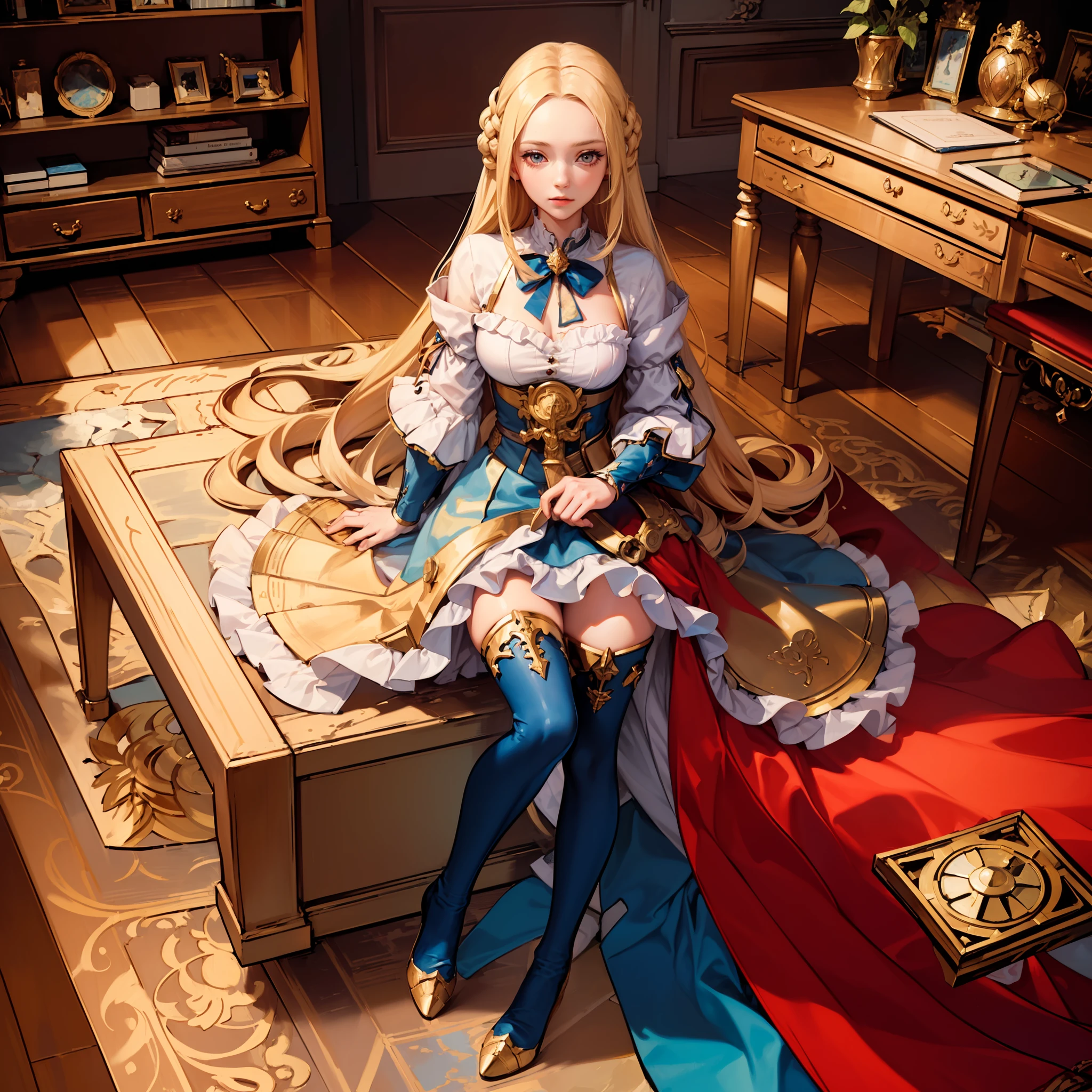(((masterpiece))), (((best quality))), (((extremely detailed))), illustration, 1girl,solo,mysterious, vivid color, bright, edelgard fire emblem, edelgard de fire emblem, alchemist girl, full portrait of elementalist, rpg portrait full body, pretty character design, fullbody rpg portrait, loli, blonde hair, long curly hair,