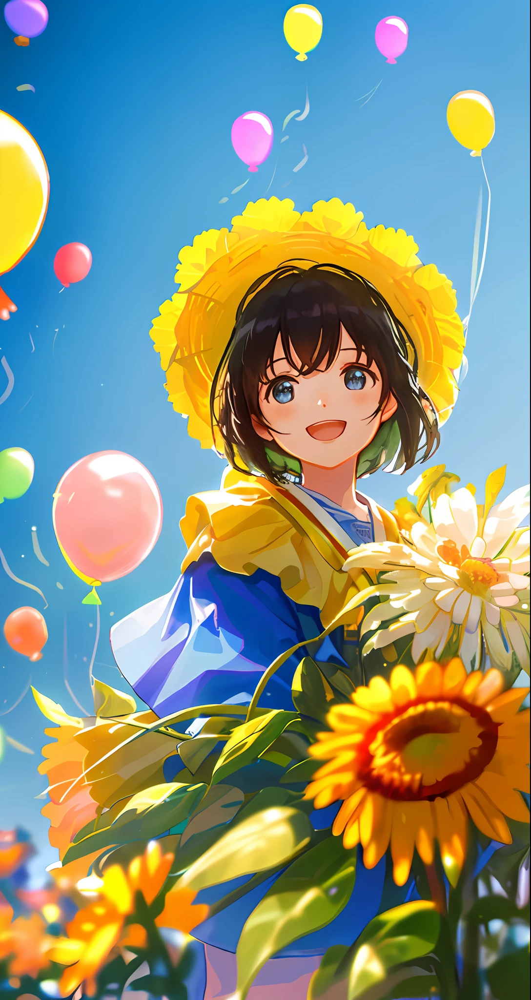 A girl child, blue sky, zoo, many balloons, happy, happy, perfect quality, clear focus (clutter - home: 0.8), (masterpiece: 1.2) (Realistic: 1.2) (Bokeh) (Best quality) (Detailed skin: 1.3) (Intricate details) (8K) (Detail eyes) (Sharp focus), (Happy)
