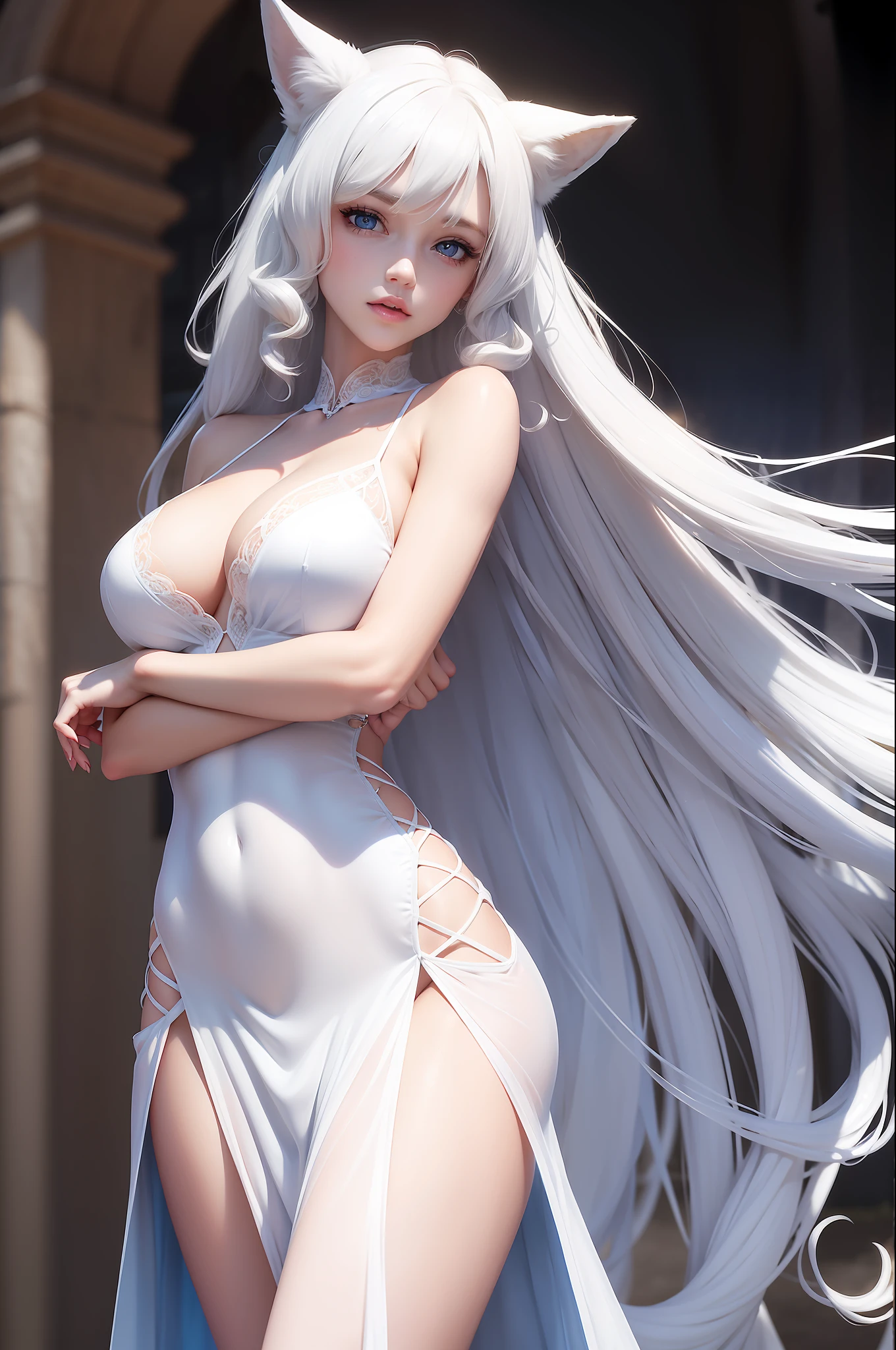 Women with ,golden curly hair,Blue eyes,white fox ears,,white translucent long dress with thin straps