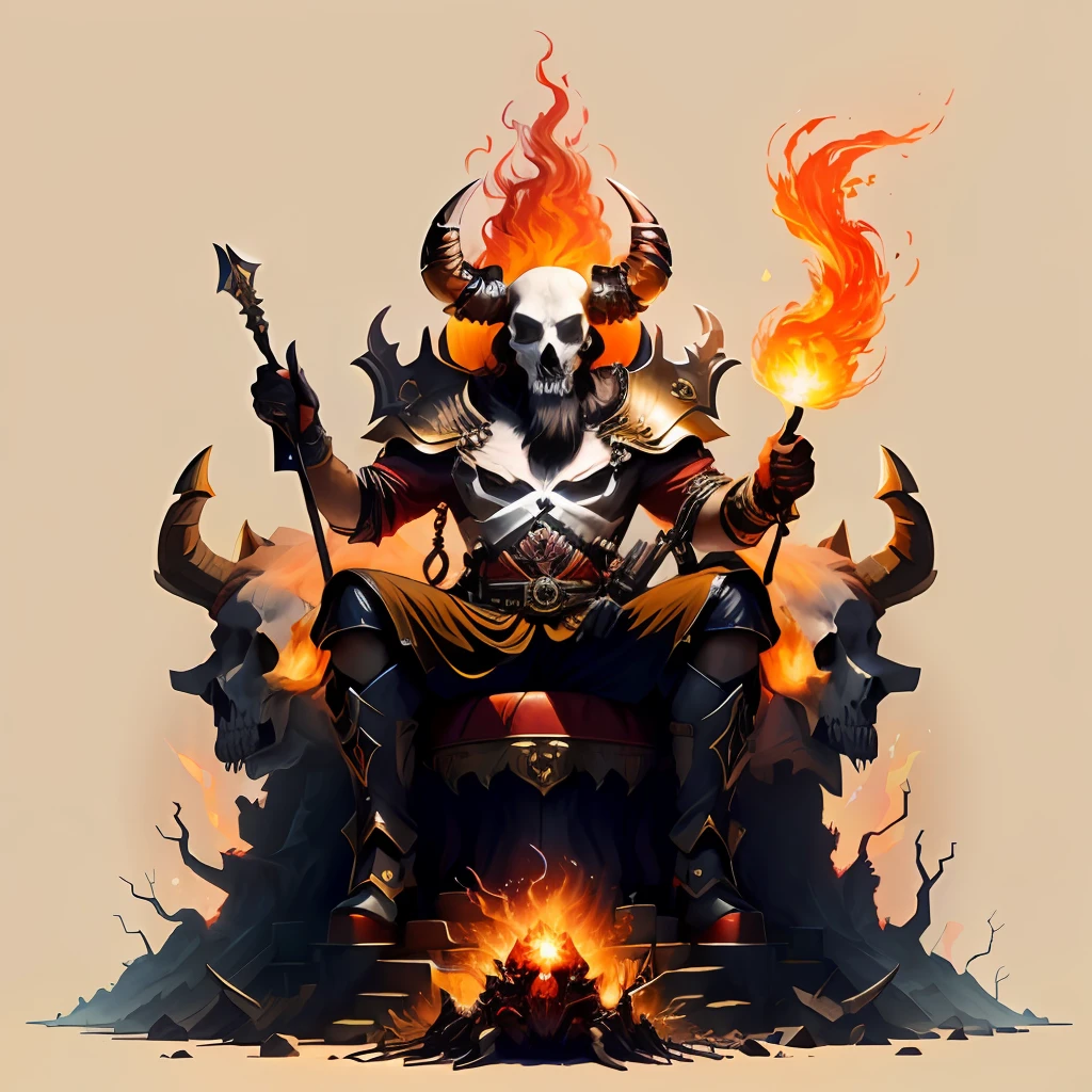 Fire bull sitting on a skull throne, on top of a giant anthill