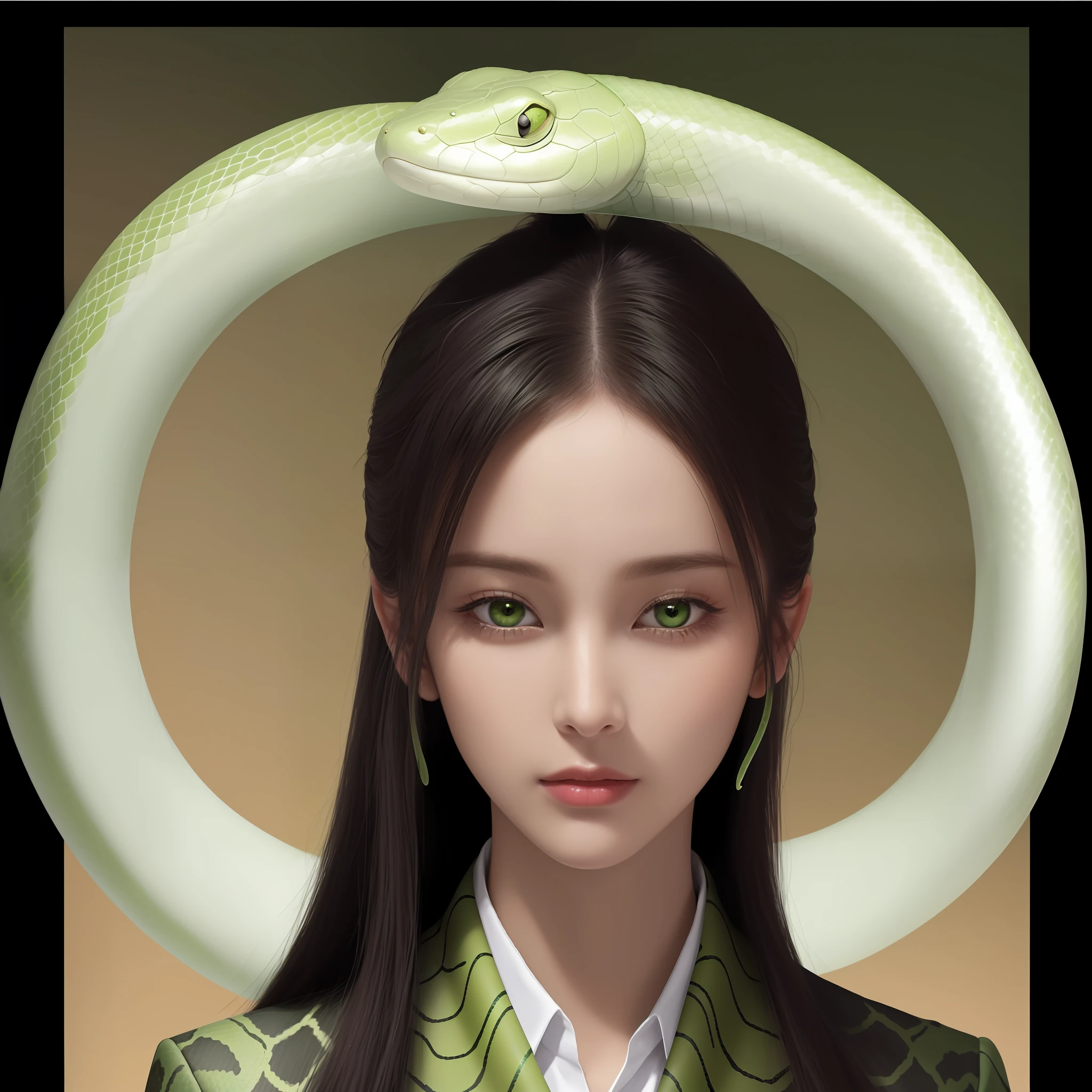 (A green snake wrapped around the back, details beyond imagination, top quality, close-up: 1.2, Guvez style, Cartesian style: 0.5, exquisite shape: 1.2)