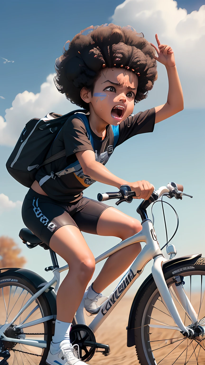 ((3D, best quality: 1.3)), ultra-detailed, SK, ((((solo))), full body, (close-up of a 5-year-old baby ((afro-futuristic)): 1;15), casual wearing, current fashion, black t-shirt short, (((white shoes))), (short kanekalon hair; 1.15), (well-defined symmetrical face, screaming expression: 1.12), ((riding bike: 1;2)) ,autumn, floas in the wind, warm and soft dark luminosity, motion blur, magnificent blue sky,