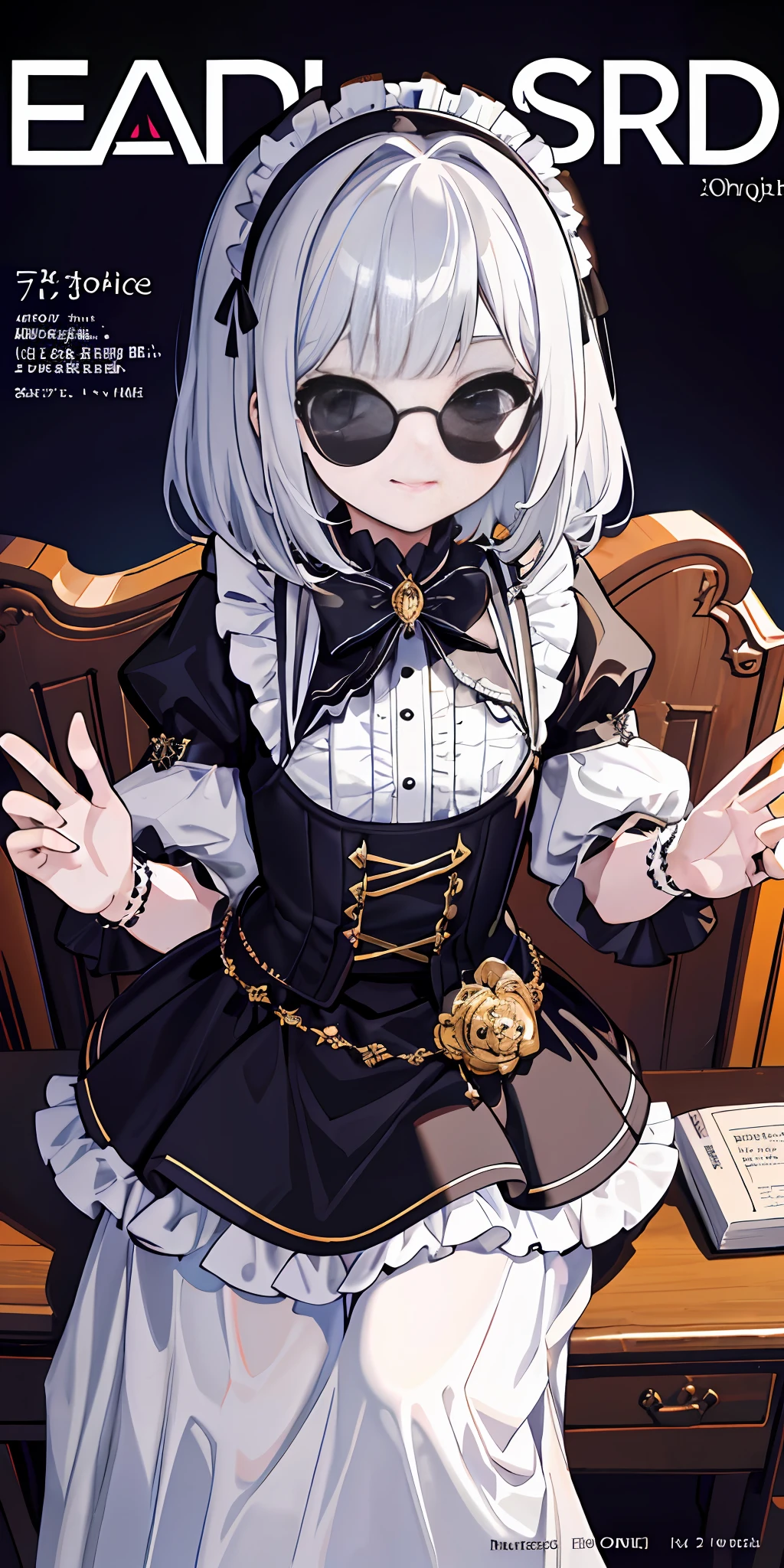 (Masterpiece: 1.4, Best Quality: 1.4), Illustration, (Solo: 1.2), (Original), (Very Detailed Wallpaper), (Ultra Detail: 1.4), (Super Intricate Detail), (Magazine Cover Style Illustration, A in a Black and White Gothic Loli Costumconfidently placed on a desk, slim figure, small waist. She is smiling, wears sunglasses, and exudes a pure and flawless aura. The themed outfits feature gothic prints and other dark black elements that complement her unique style. The text on the cover should be bold and eye-catching, with the title of the magazine and a striking headline. The overall style should be modern and offbeat, with an emphasis on the atmosphere of Children's Day joy and dark humor.