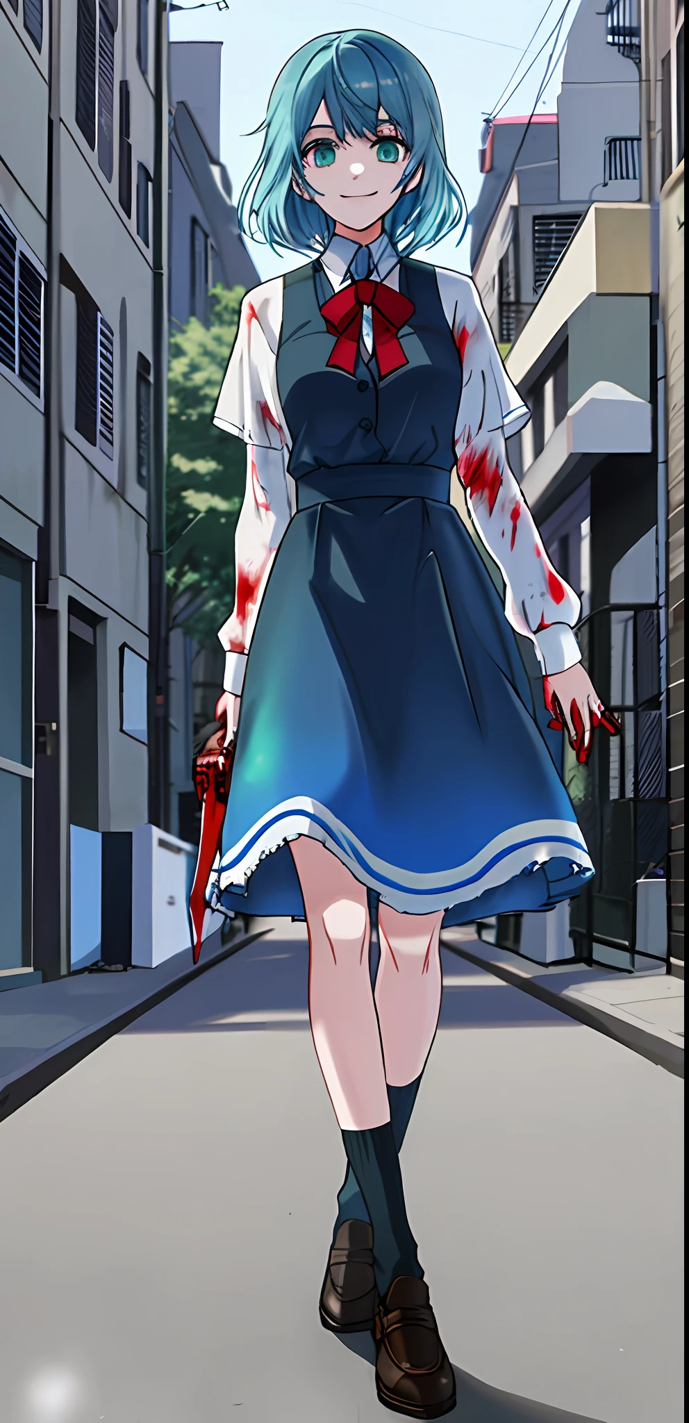 1girl, solo, blue hair, gradient hair, green hair, blood, bloody, bleeding, blood-stained, covered in blood, blood-stained clothing, a LOT of blood, lot of blood, knife in hand, masterpiece, best quality, knife, bloody knife, bloody knife in hand, smile, creepy smile, insane smile, dark, night, moonlight, alley, alleyway, city alleyway, yandere, yandere expression, highres, (((intense)))