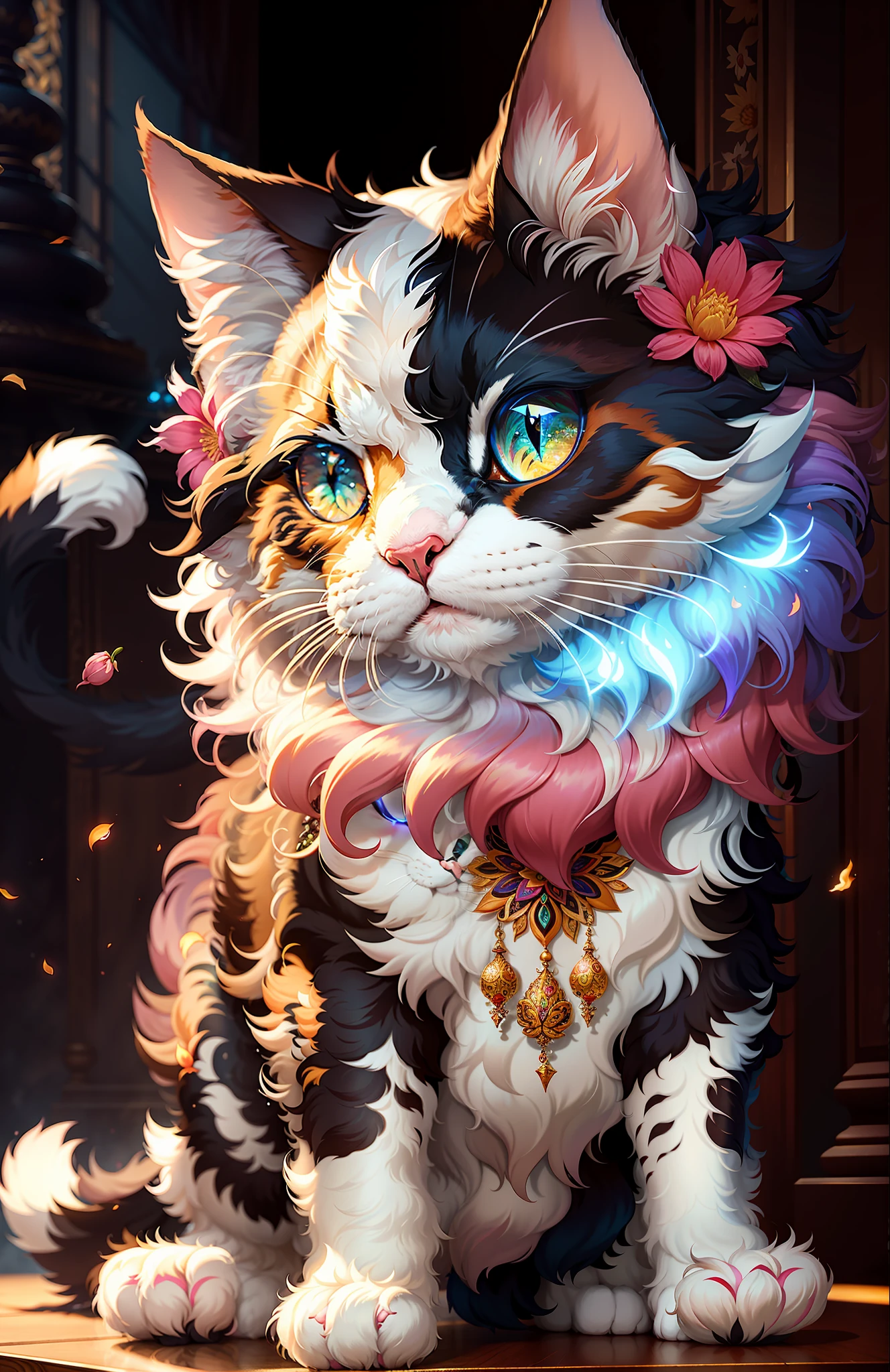 A three-flowered cat, full shot, fluffy hair, anthropomorphic expression, rich colors, exquisite details, masterpiece, realistic, artsation, cg, realistic, Unreal Engine, real light and shadow, beautiful rich colors, amazing details, high quality, a pair of ears