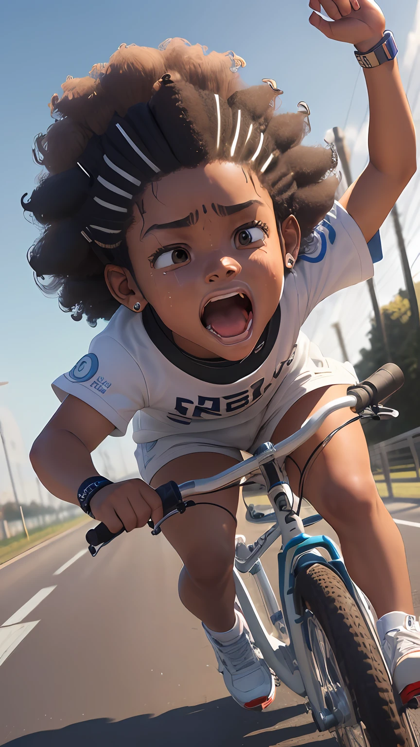((3D, best quality: 1.3)), ultra-detailed, SK, ((((solo))), full body, (close-up of a 5-year-old baby ((afro-futuristic)): 1;15), casual wearing, current fashion, black t-shirt short, (((white shoes))), (short kanekalon hair; 1.15), (well-defined symmetrical face, screaming expression: 1.12), ((riding bike: 1;2)) ,autumn, floas in the wind, warm and soft dark luminosity, motion blur,   magnificent blue sky,