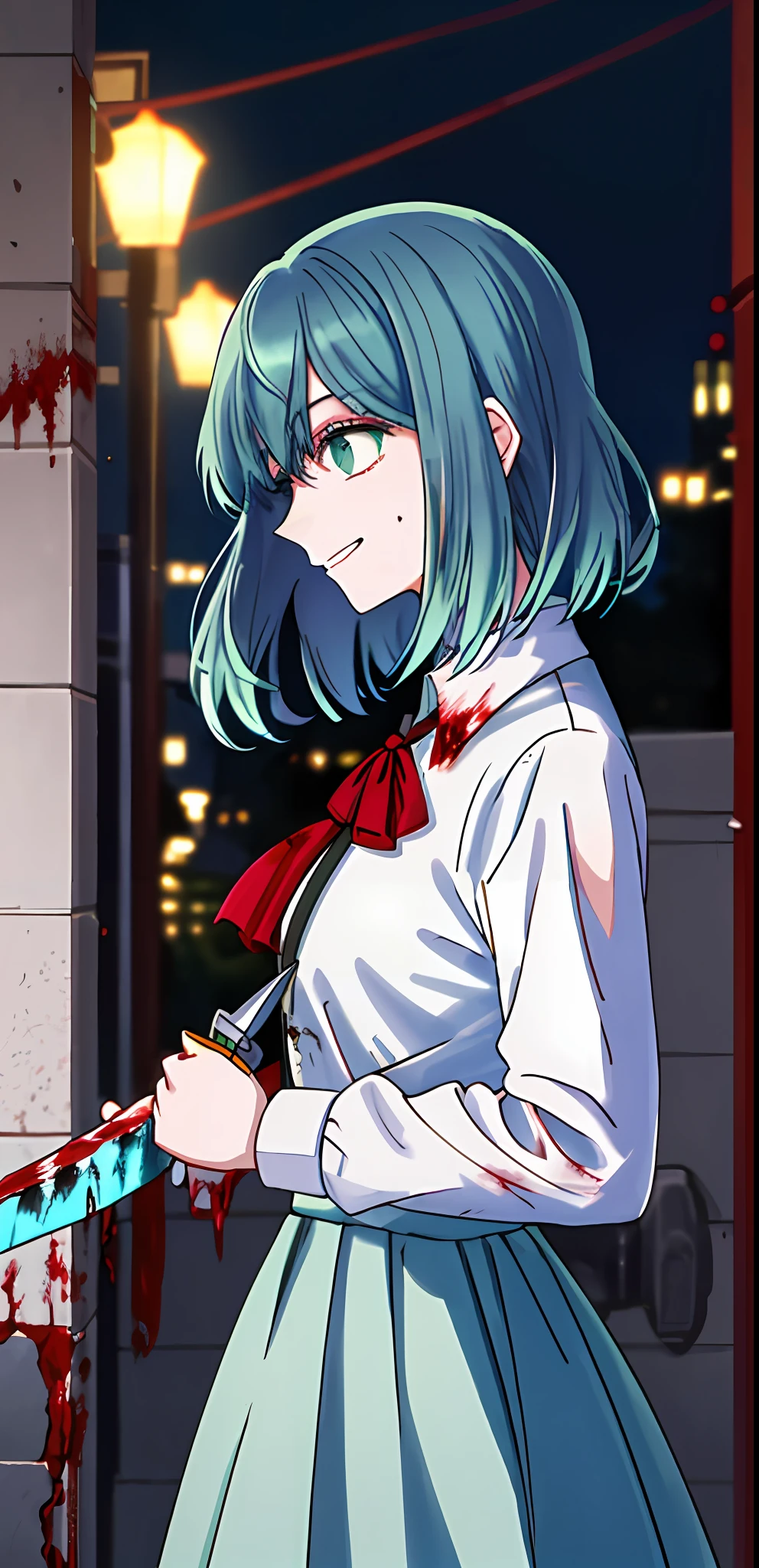1girl, solo, blue hair, gradient hair, green hair, blood, bloody, bleeding, blood-stained, covered in blood, blood-stained clothing, a LOT of blood, lot of blood, knife in hand, masterpiece, best quality, knife, bloody knife, bloody knife in hand, smile, creepy smile, insane smile, dark, night, Nighttime, stars, alley, alleyway, city alleyway, yandere, yandere expression, highres, (((intense)))