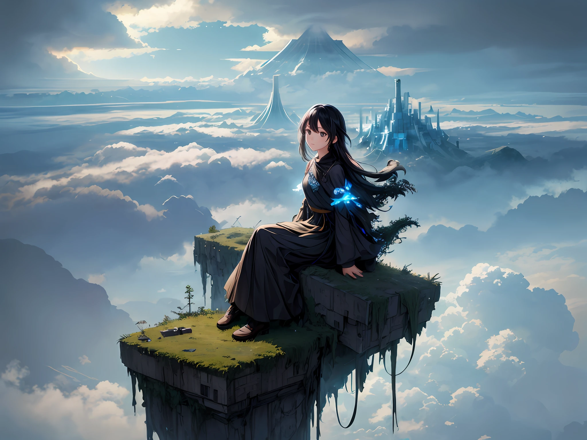 octane render, bioluminescent,8K resolution concept art, realism,by Mappa studios,masterpiece,best quality,official art,illustration,ligne claire,(cool_color),perfect composition,absurdres, fantasy,focused,(in the air),(above the cloud:1.4),(finely detailed modern lost_city:1.3),(lost_city towering above the clouds:1.2),epic,(focus_girl:1.2),(girl in city peak of Broken bridge), sitting on the verge of that bridge looking at the far horizons,rule of thirds,anime_face,fine-tuning face, detailed eyes,cute face,black hair, finely detailed fantasy traveler clothes,calm expression ,overhead_viewer,wind blow at viewer,fantastic plant,book,Giant World Tree,motion,(depth_of_field), extension image