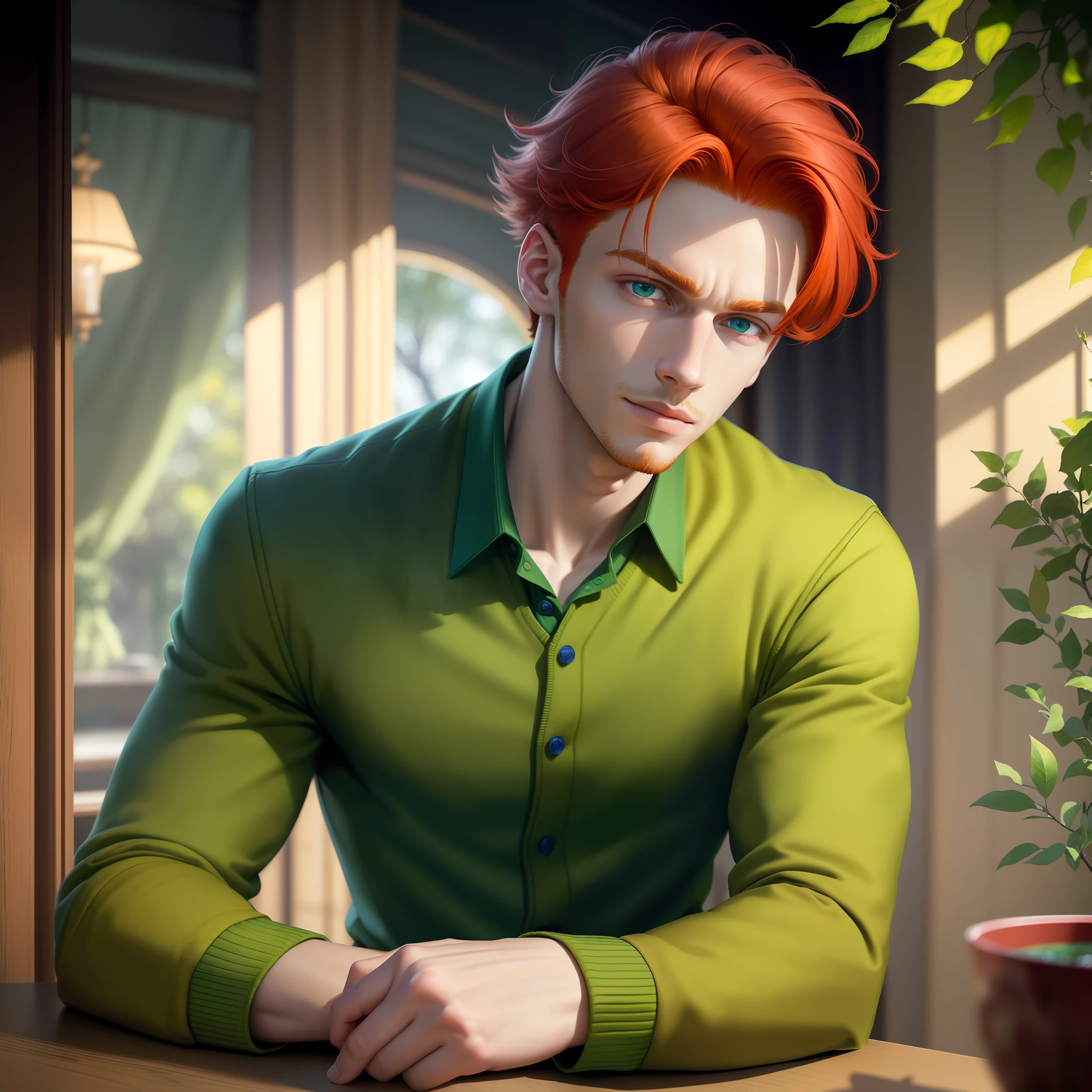 masterpiece, best quality, (dramatic illumination, dynamic angle, intense color contrast), (young man, red hair, blue eyes, wearing dark green sweater, green cords, yellow collared shirt), detailed lips, detailed face, detailed skin, 1boy, crossed arms, leaning against tree, wistful smile