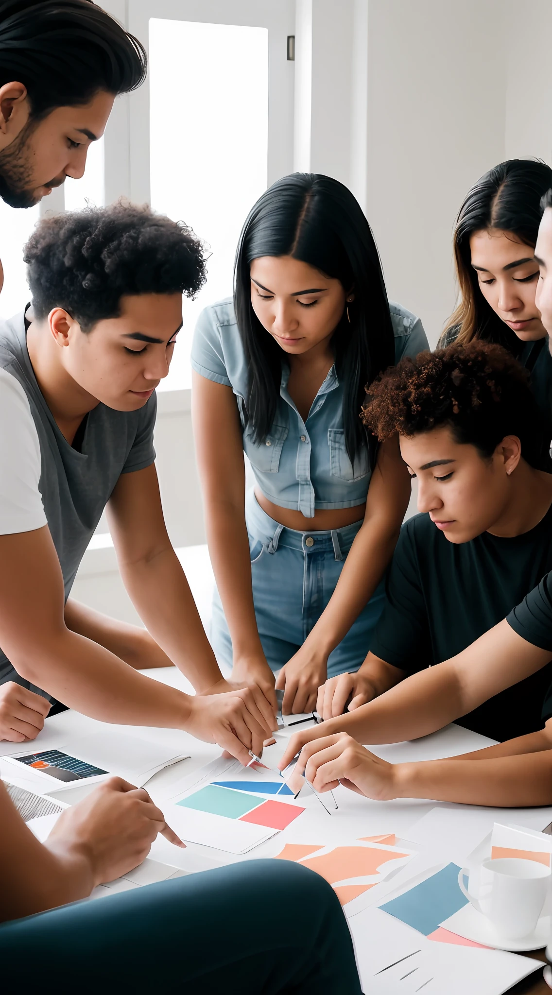 several people are gathered around a table with a paper and pen, gen z, artists, group sit at table, by Juan O'Gorman, collaborative, bringing people together, on a dark background, enlightening, a group of people, collaboration, reddit post, mix of ethnicities and genders, varying ethnicities, trending on pexels, center focus on table