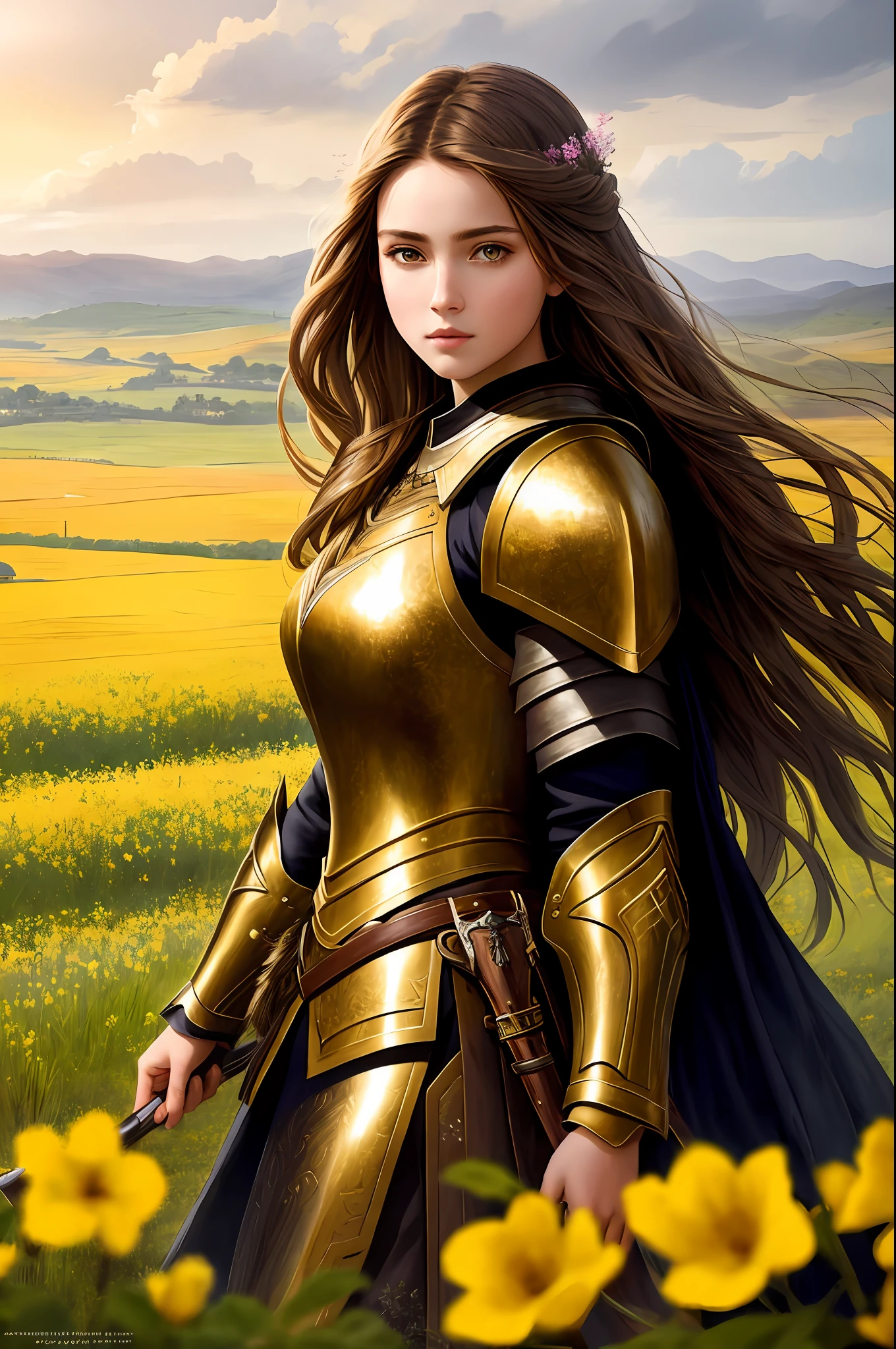 (Masterpiece), (1girl), (best quality), (best artist), (best intensity), (best environment and background), (best landscape), a warrior girl wearing armor, long brown hair, yellow eyes, landscape of flowering fields, semi-dark, neutral lighting, a little without lighting.