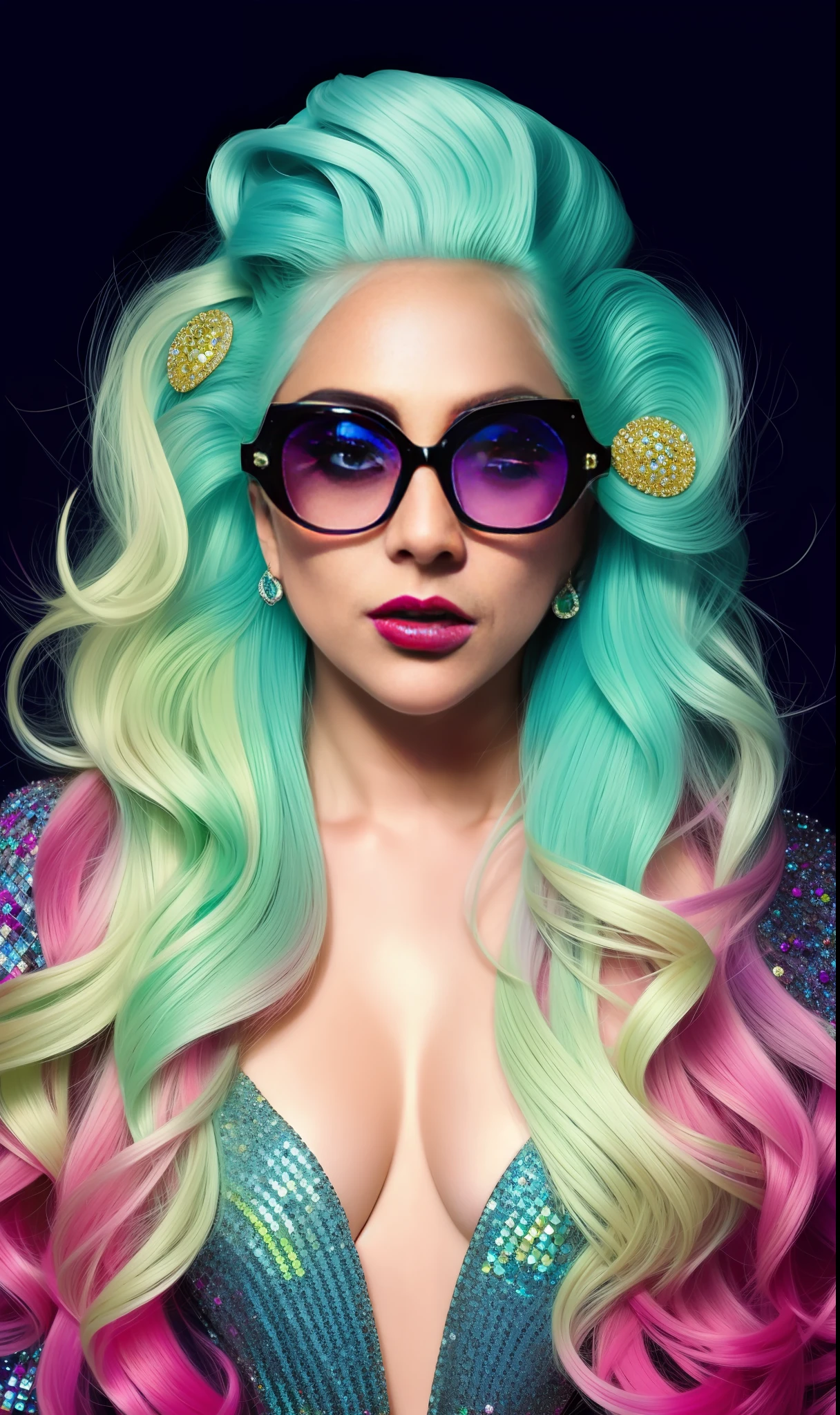 Photo of lady gaga with gills and fish skin with diamonds, 4K texture, long hair, colorful glasses and extravagant high quality, extravagant hairstyle, original album cover, colorful dress with diamonds, 8k image, futuristic, high image quality, at night, hair accessories, 8k image, realistic face in high quality