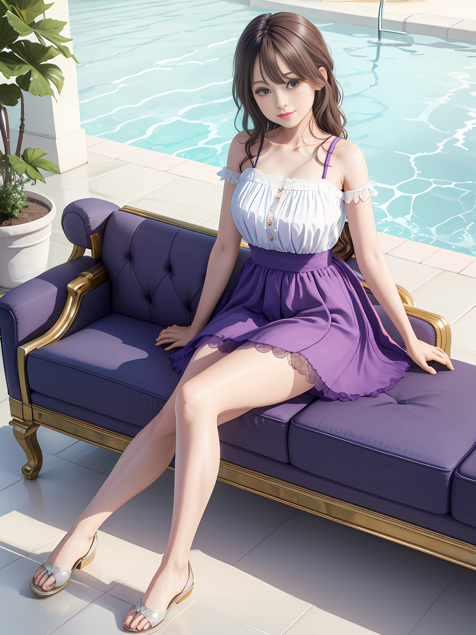 ((best quality, ultra-detailed CG unity 8k wallpaper)), beautiful model wearing elegant dress, yellow | white print, tulle short skirt, body leaning on luxurious purple sofa, relaxed and cute pose, sexy and charming, open legs, lazy rest, lounge glass can see through the outside swimming pool, the scene is rich in details.
