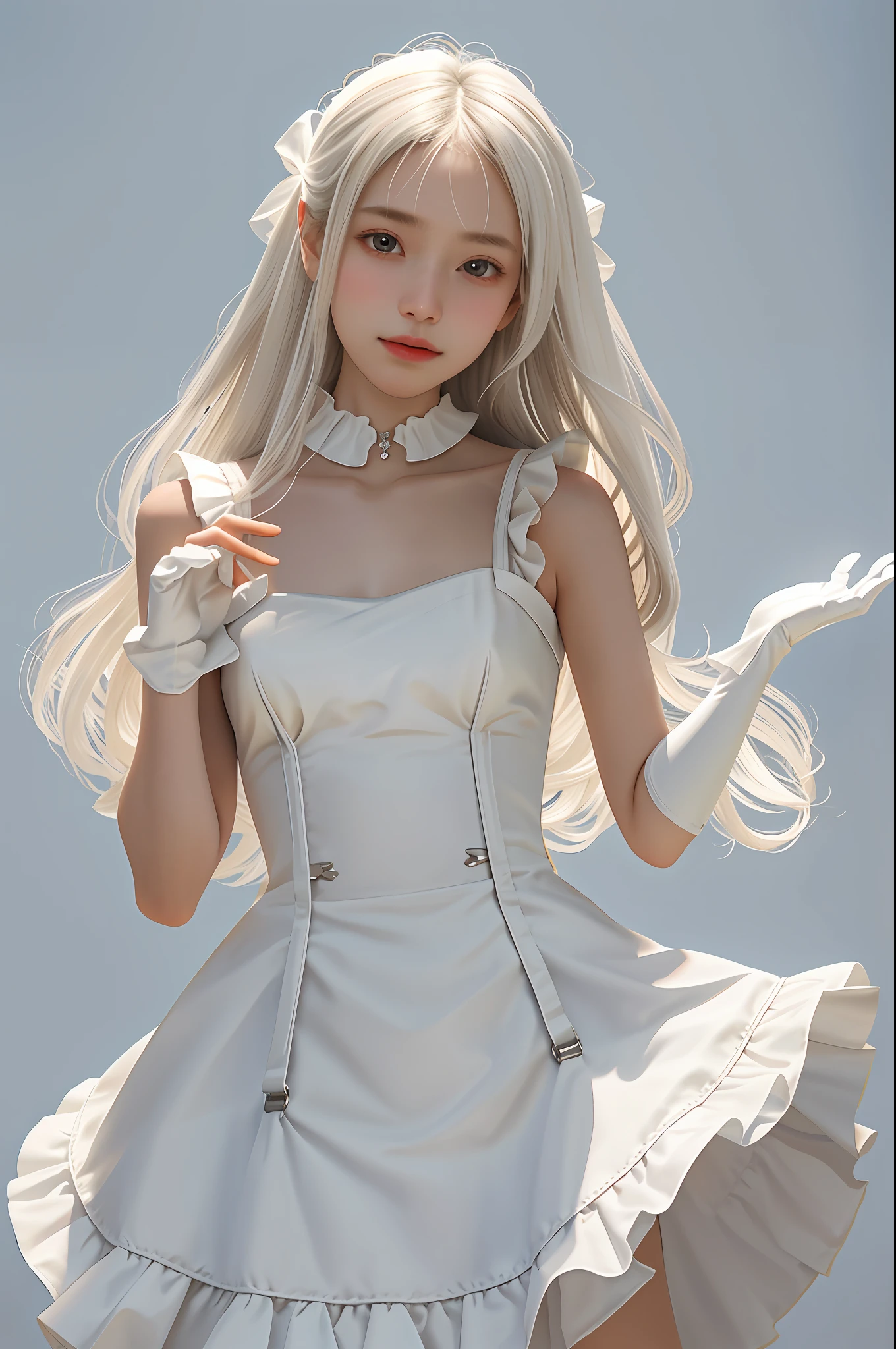 Masterpiece, Best Quality, Very Detailed, High Resolution, HDR, Chobits, Chii, Hair Tube, 1girl, Bare Shoulders, Sheets, Black Collar, Breasts, Brown Eyes, Collar, Clip (Circle) (Style), Dress, Elbow Gloves, Ruffle Dress, Ruffles, Gloves, White Hair, Hands Up, White Blonde Hair, Ribbon Collar, Robot Ears, Sleeveless, Sleeveless Dress, Small Breasts, Solo, Suspender Slip, Very Long Hair, White Dress, White gloves mksks style, beautiful background, detailed background, professional lightning, clouds, heaven, angel, nsfw