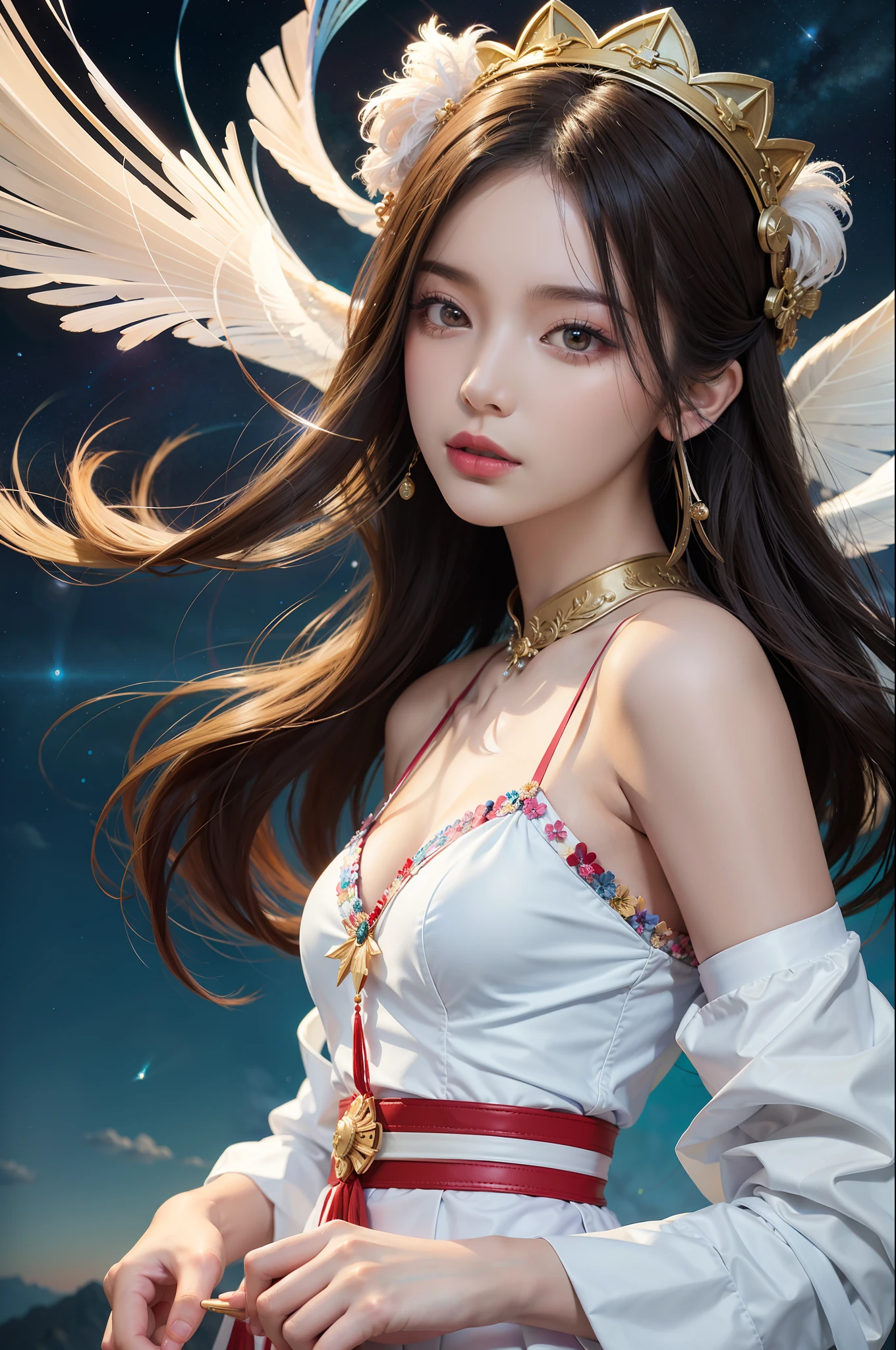 (Masterpiece, top quality, best quality, ultimate detail, supreme detail, official art, Beauty and aesthetics: 1.2), colors, denim lens, upper body shot, beautiful face, solo, perfect figure, fly in the sky, portrait of a girl, silver gradient hair, brunette hair, fairy, flowing streamers, (sexy, nude: 2.3), sun rays, clouds, hanfu, chinese clothes, water, fireflies, night, starry sky, jewelry, feathers on dresses, peacock feathers, light particles, volumetric lighting, ray tracing (flowing streamers: 1.1), (fantasy: 1.2), illuminators, stars, fantasy, high contrast, ink strokes, overexposure, purple and red tone impressions,  abstract, (watercolor by Berkey and Jerememan)) brush strokes,