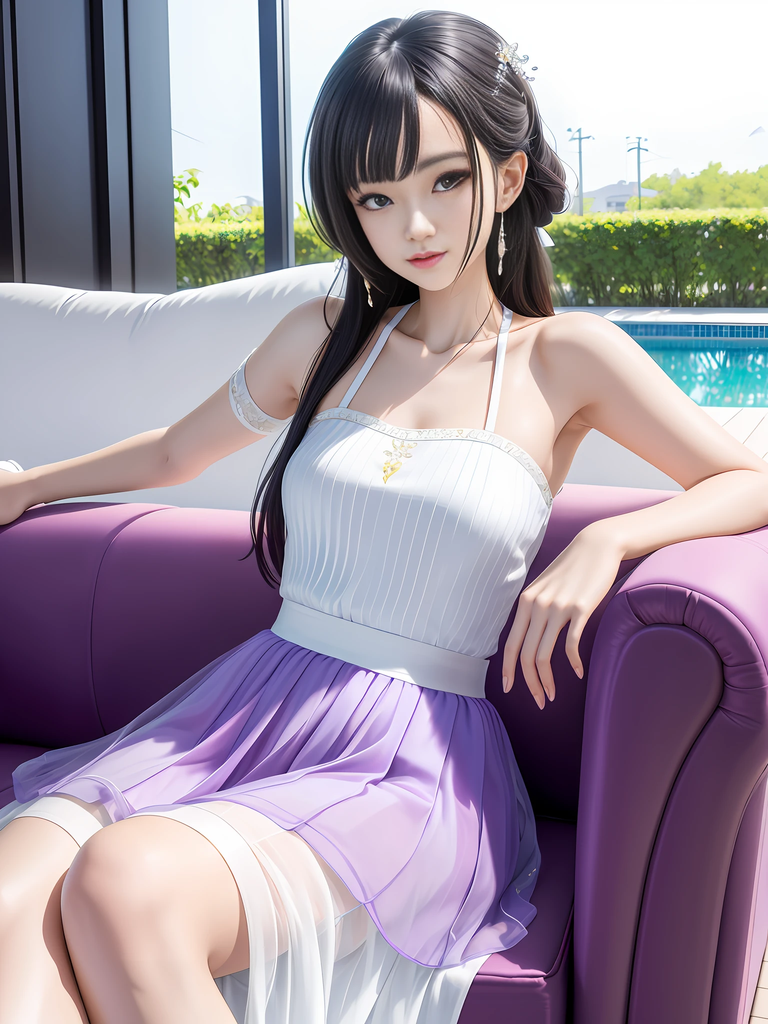 ((best quality, ultra-detailed CG unity 8k wallpaper)), beautiful model wearing elegant dress, yellow | white print, tulle short skirt, body leaning on luxurious purple sofa, relaxed and cute pose, sexy and charming, open legs, lazy rest, lounge glass can see through the outside swimming pool, the scene is rich in details.