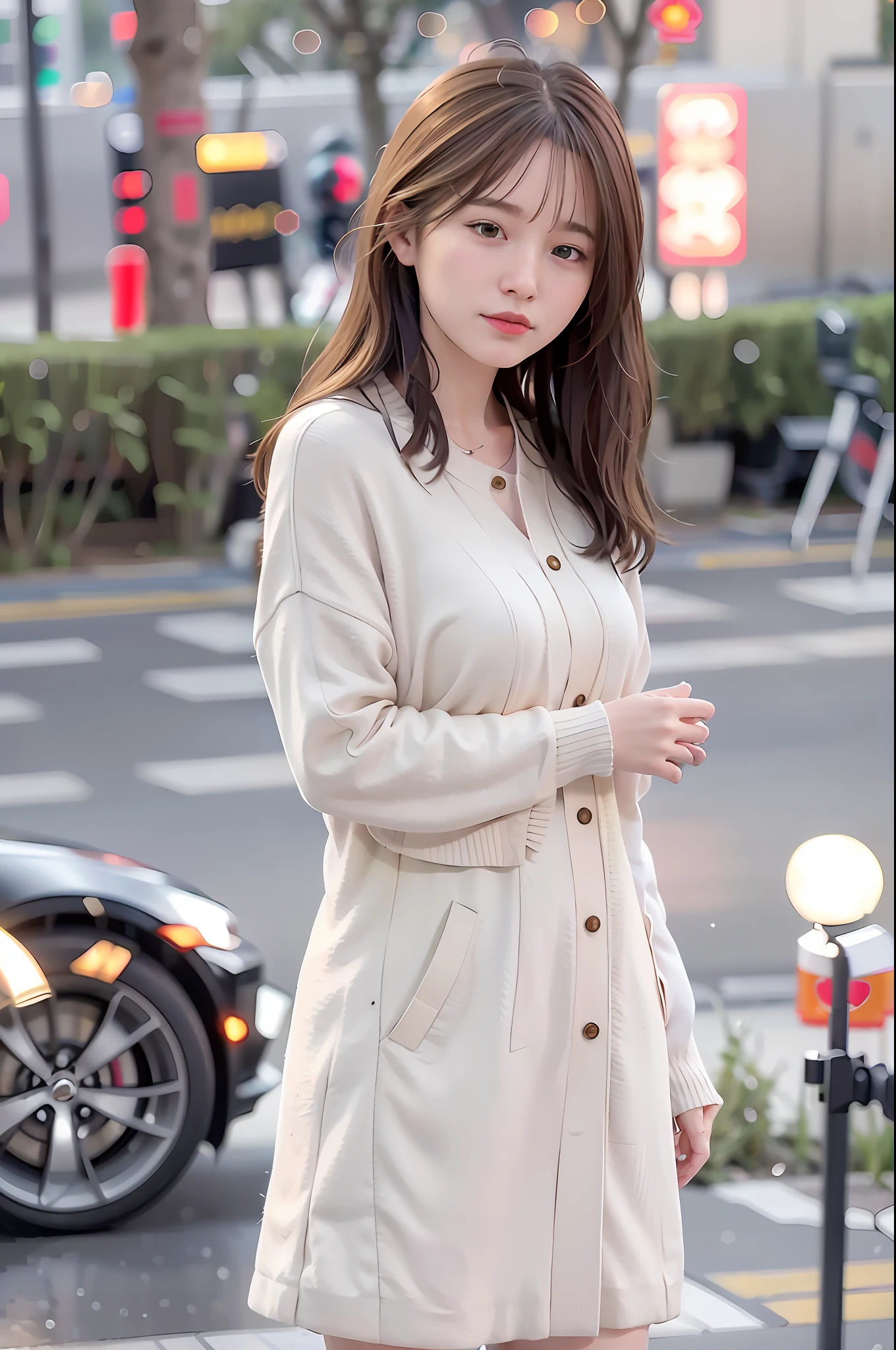 8K, Best Quality, Masterpiece: 1.2, Photorealism: 1.37, 1 cute girl in the cityscape at night, rain moisturizes everything, professional lighting and photon mapping make the picture more realistic, and the physical rendering creates a radiant atmosphere. mix4