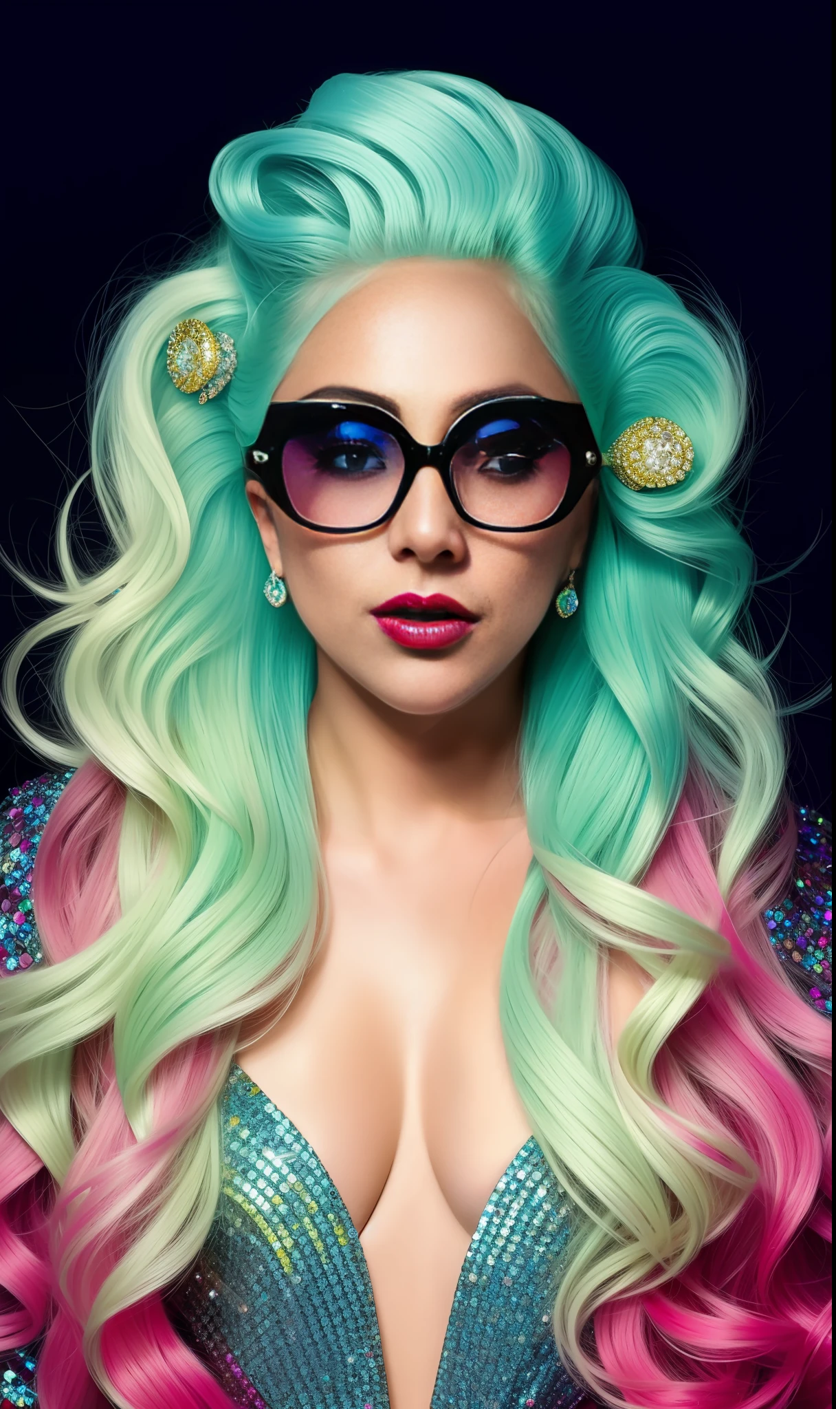 Photo of lady gaga with gills and fish skin with diamonds, 4K texture, long hair, colorful glasses and extravagant high quality, extravagant hairstyle, original album cover, colorful dress with diamonds, 8k image, futuristic, high image quality, at night, hair accessories, 8k image, realistic face in high quality