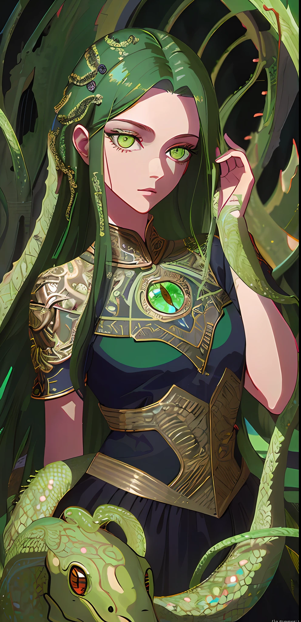 ((best quality)), ((masterpiece)), ((realistic)), Medusa, full body, the hair is composed of countless small snakes, green eyes, female face, metal carved top, royal aura, trend on artstation , sharp focus, studio photo, intricate detail, very detailed, detailed eye, illustration, very detailed, sharp focus, digital render, professional, 4k