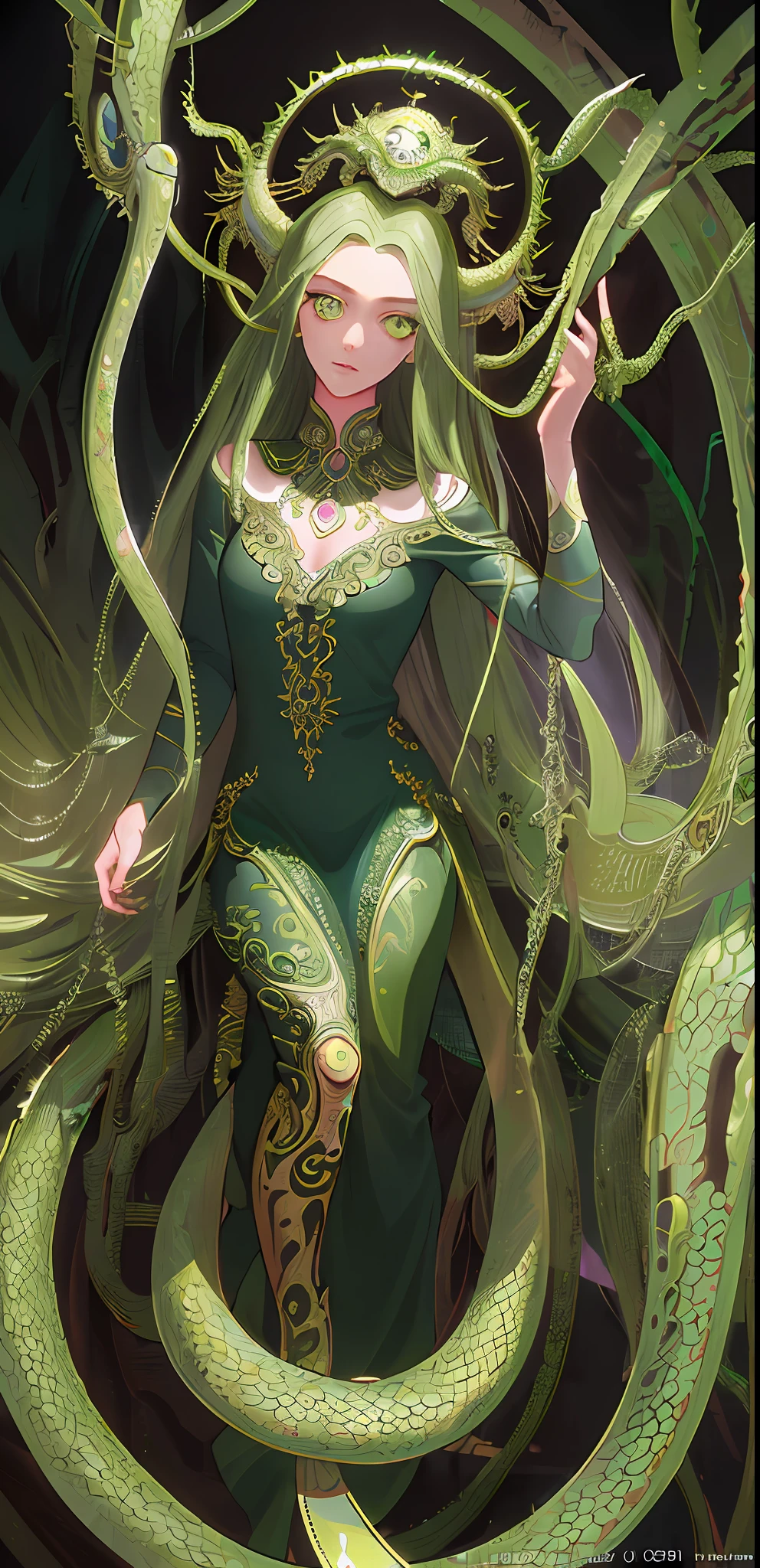 ((best quality)), ((masterpiece)), ((realistic)), Medusa, full body, the hair is composed of countless small snakes, green eyes, female face, metal carved top, royal aura, trend on artstation , sharp focus, studio photo, intricate detail, very detailed, detailed eye, illustration, very detailed, sharp focus, digital render, professional, 4k