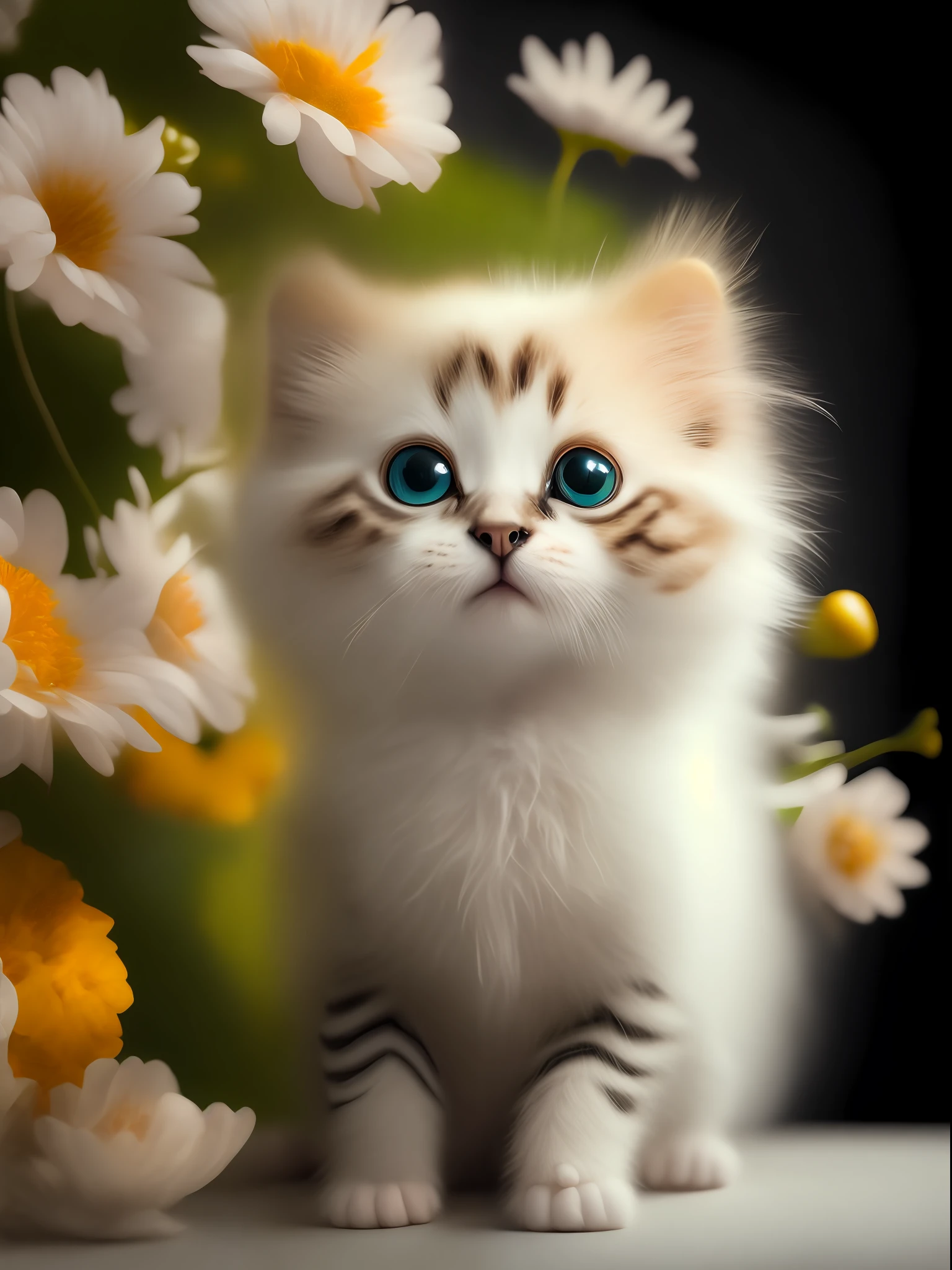 Very cute furry white tropical punk kitten, big eyes, flowers, flowers, full body, laughter, professional light, depth of field 8k, golden magic moment, professional photography, octane rendering, ultra-realistic - amazing sunlight, dynamic composition, photography, sharp focus, dark background, open mouth, laugh!!!