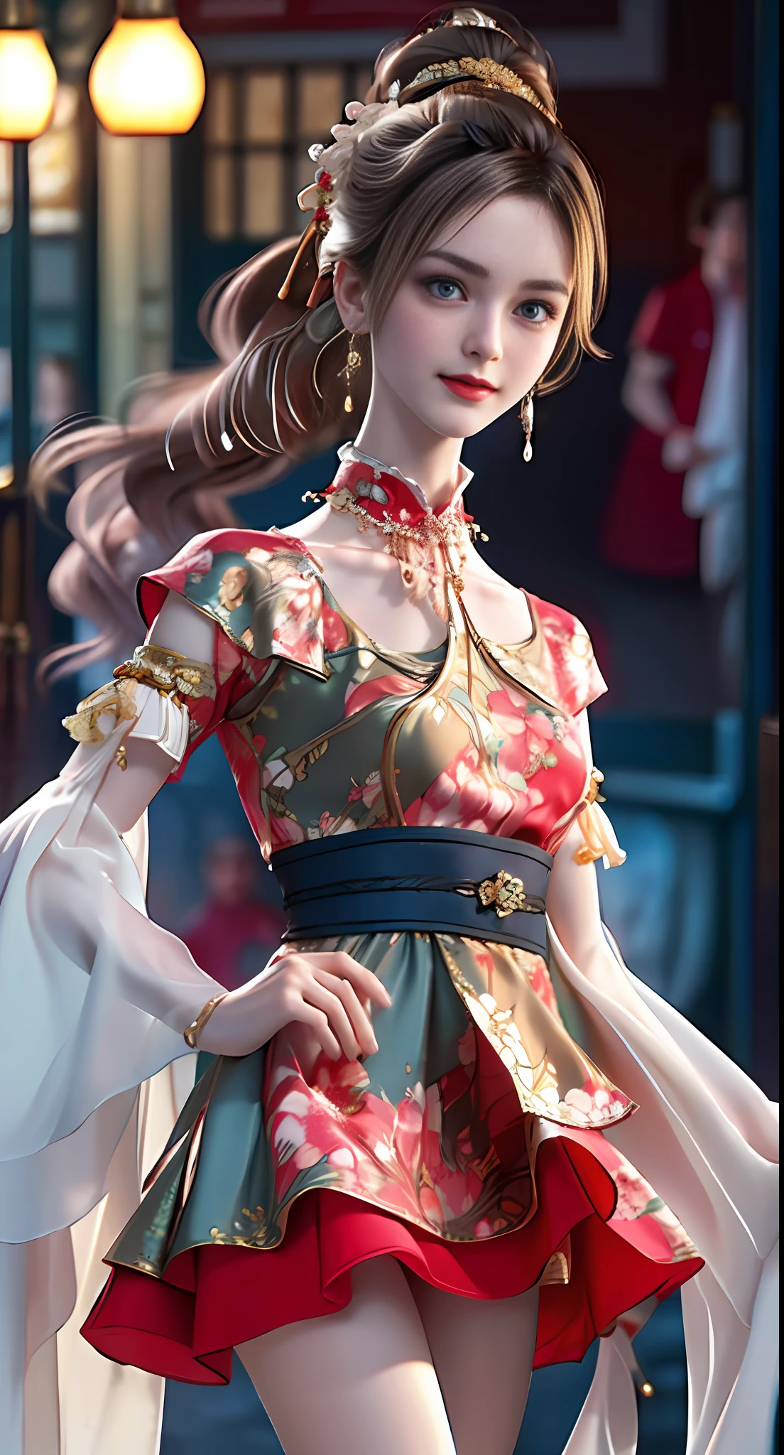 (Best Quality, Masterpiece: 1.2), Ultra High Resolution, Realistic, Front Lighting, Intricate Details, Delicate Details and Textures, 1girl, Solo, (Young), Facial Highlight, Upper Body, Detail Face, Freckles, White Skin, Brown-Blonde Hair, High Ponytail, Look at the Audience, Big Eyes, Gorgeous Hanfu, (Intricate Pattern, Gold and Red, Pure Cotton), Earrings, Necklace, Small Breasts, Slim Figure, Luxury Palace, Professional Lighting, Photon Mapping, Light Energy Transfer, Physically Based Rendering,