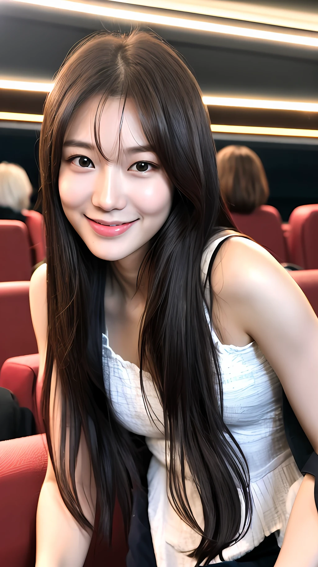 realistic photos of (1 cute Korean star) Shoulder-length hair, thin makeup, medium breasts size, smile, camisole, in the cinema, clear facial features of Canon EOS, 8K high resolution, sharp and realistic details.