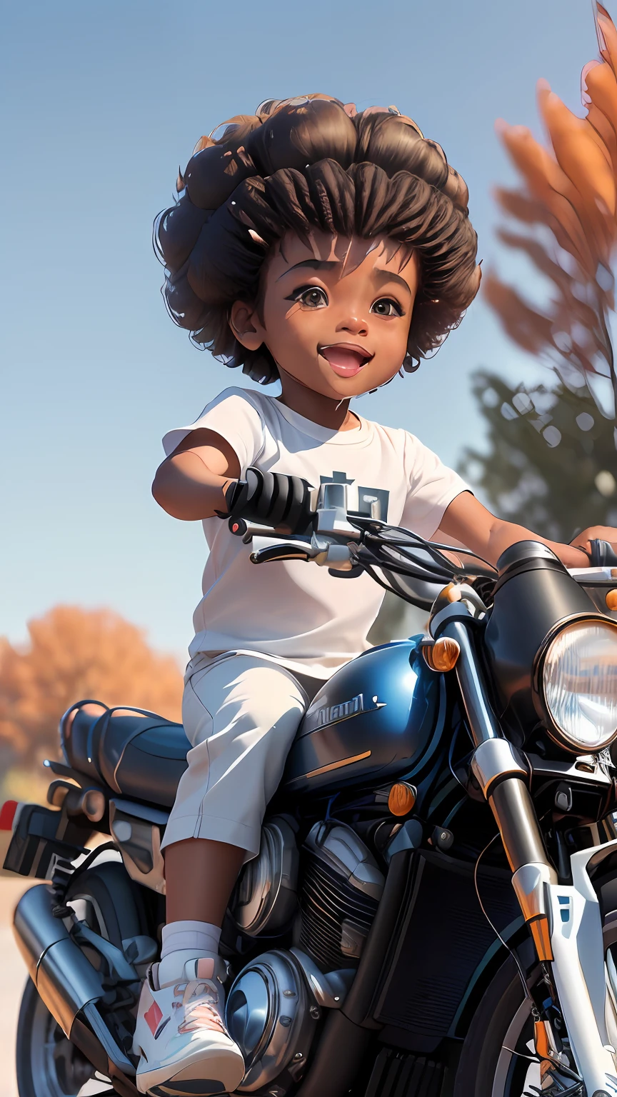 ((3D, best quality: 1.3)), ultra-detailed, SK, ((((solo))), full body, (close-up of a 5-year-old baby ((afro-futuristic)): 1;15), wearing casual, current fashion, black T-shirt short, (((white shoes))), (short kanekalon hair; 1.15), (well-defined symmetrical face, expression of happiness: 1.12), riding a motorcycle, (((detailed and sharp facial expressions)), autumn, floas in the wind, warm and soft dark luminosity, motion blur, magnificent blue sky, redenrization by motorirreal