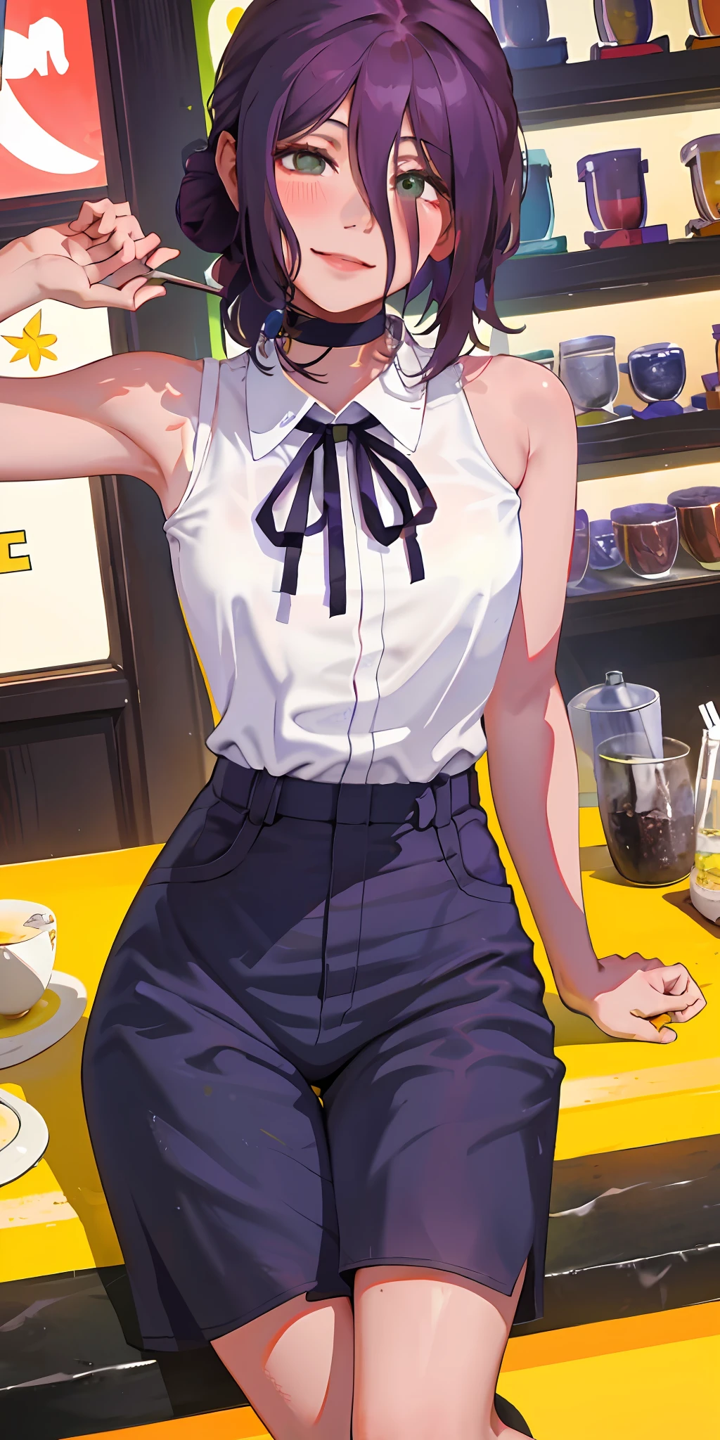 A cute girl sitting in a shop that sells coffee, pov, staring at the viewer, cute smile, with a bouquet of flowers, artwork, correct anatomy, beautiful hands