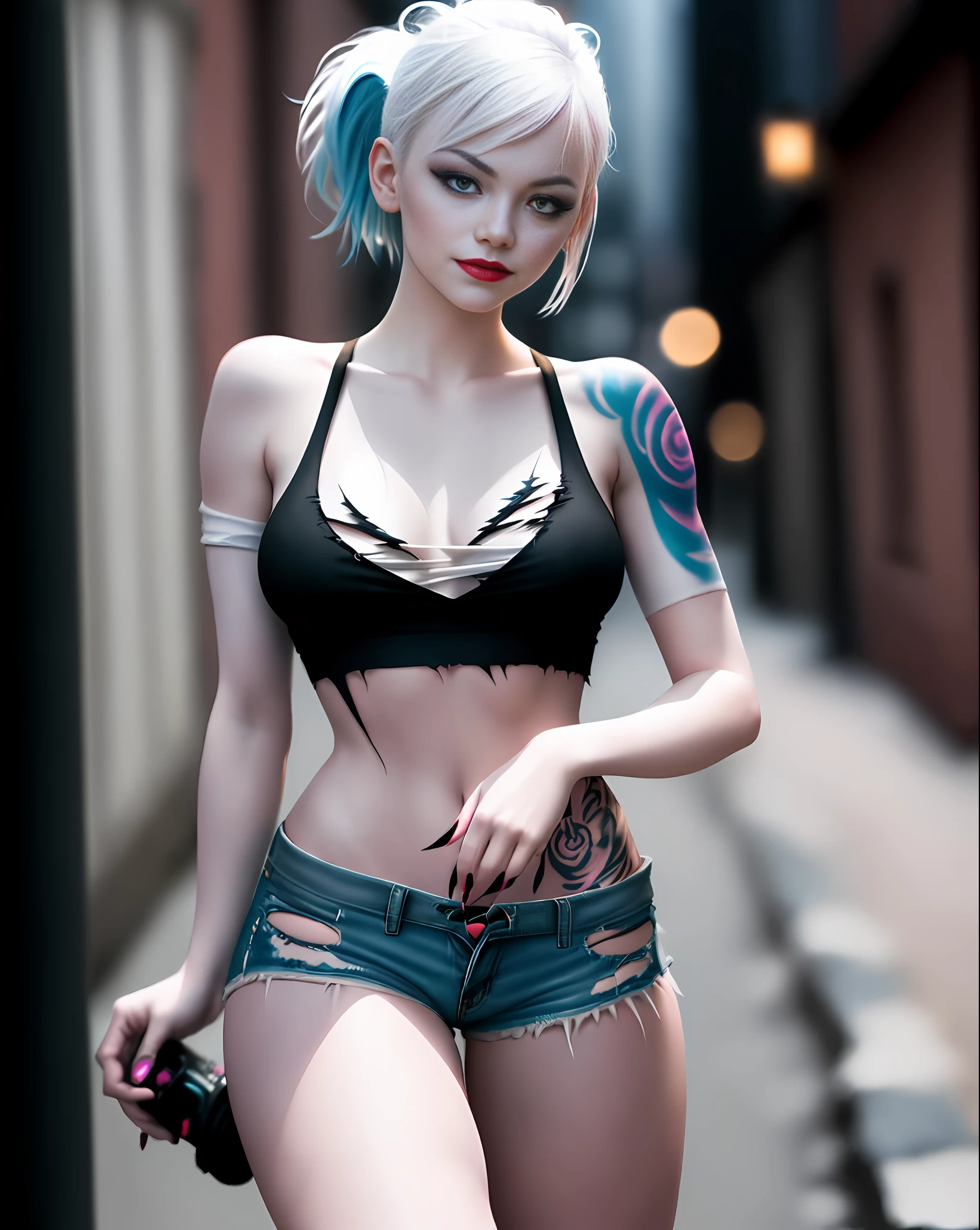 Emma stone Alerquina, gorgeous face, psychopathic smile, perfect, detailed sharp eyes, pointed breasts, blurred lipstick, blurred makeup, HAHAHA tattoo, white hair tied and split into blue and pink, sexy and torn short white T-shirt, ripped short shorts, ripped long socks, white sneakers, posing for camera, dark city at night, dark alley, (photo with better quality, a masterpiece, sensuality and elegance, ultra detailed, ultra realistic, depth of field, HD, photography taken by Sony R7 camera with 85mm Full frame lenses, f1.2 aperture), portrait style
