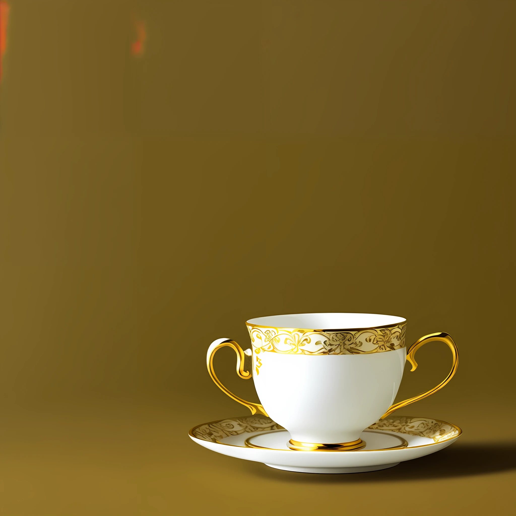 Teacup, advertisement, golden white, black background, antique