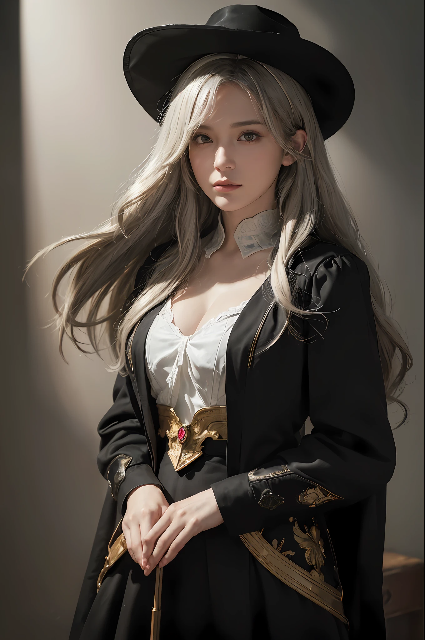 (front focus), (in the dark:1.6), Hyperrealist portrait of female by david hockney and alphonse mucha, fantasy art, photo realistic, dynamic lighting, artstation, poster, volumetric lighting, very detailed faces, 4 k, award winning, 1girl, in the dark, deep shadow, low key, cowboy shot, (official clothing:1.4), long hair, white hair
