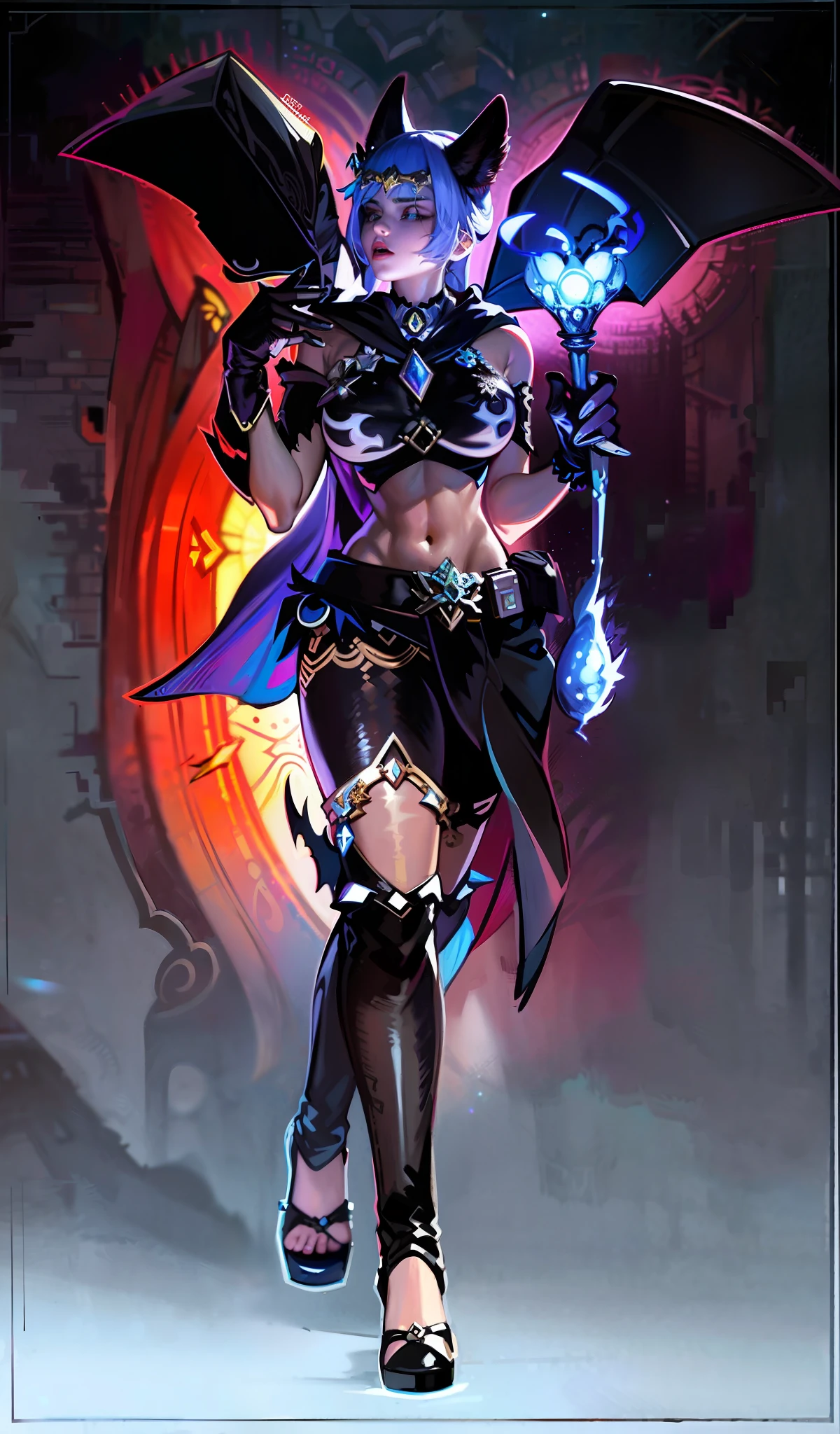 Sexy full body photo of the most beautiful artwork in the world, illustration, film lighting, fantasy, high resolution, highest quality, super detailed, best quality, masterpiece, (detailed face), sexy mature woman in shirt and (torn cracked) full body (transparent galaxy) cloth coat, levitating cloth, collar, glowing (ancient underworld fantasy) forest plants with neon details, open shoulders, glowing little butterflies, hair jewelry, witch wearing broken cap, (body focus: 1.25), night, small mutant animal in the background, tattered miniskirt, potion on the hip, magical shoulder pads, cameltoe, darkness, light reflection