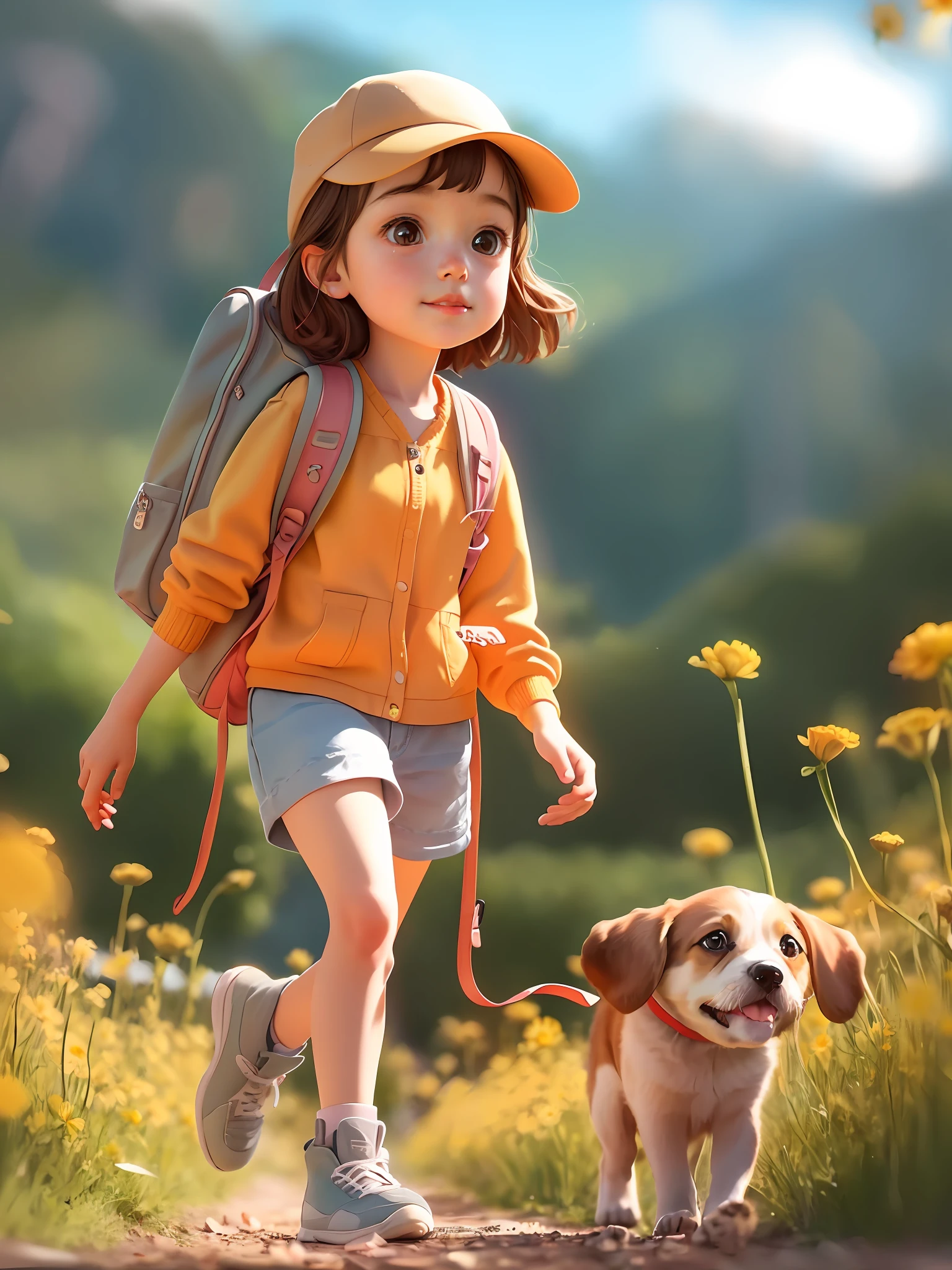 Tip: A very charming  girl with a backpack and her adorable puppy enjoying a lovely spring outing surrounded by beautiful yellow flowers and nature. The illustration is a high-definition illustration in 4K resolution with highly detailed facial features and cartoon-style visuals.