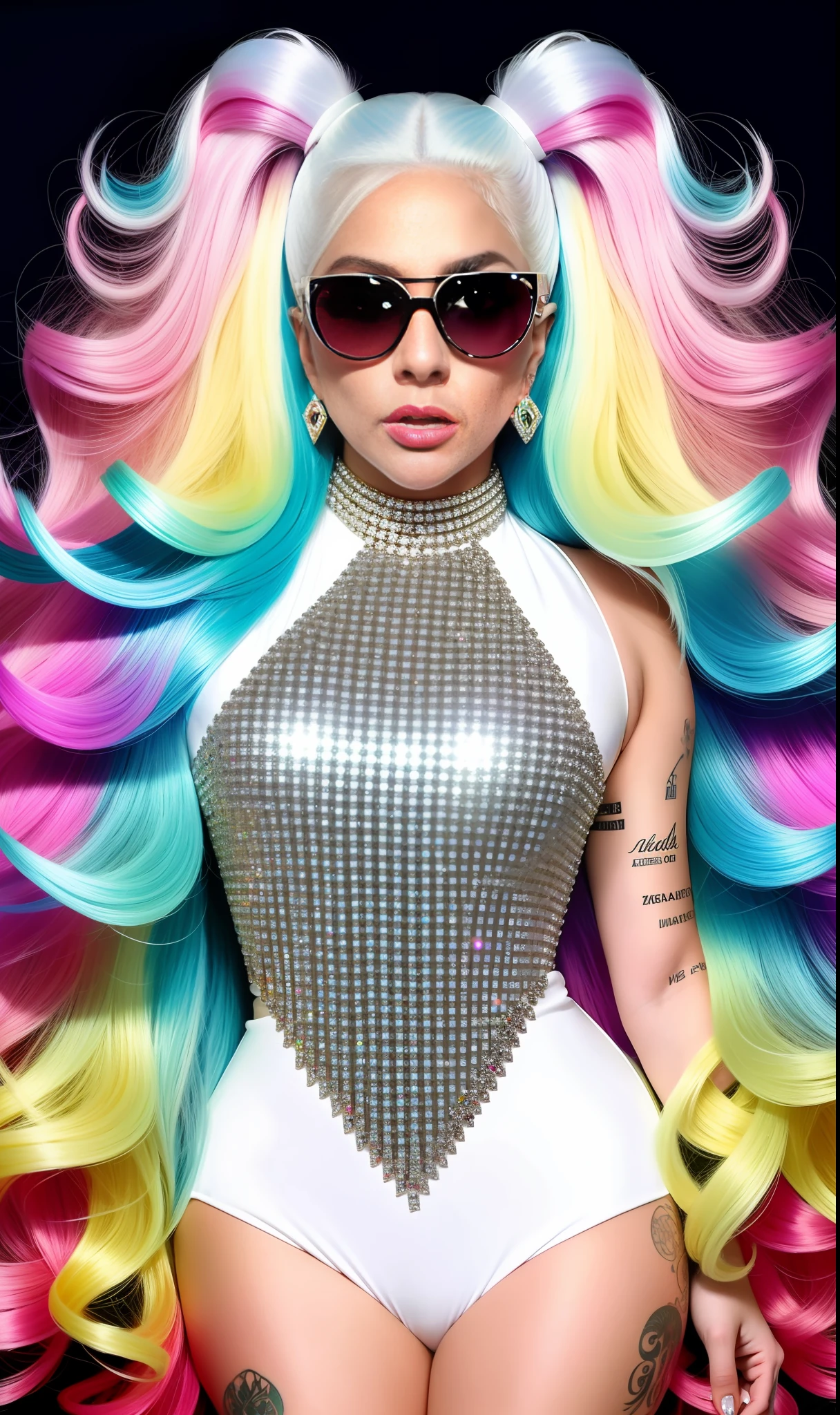 Photo of lady gaga with white suit full of diamonds, unique glasses, 4K texture, long hair, high quality, extravagant hairstyle, original album cover, colorful dress with diamonds, 8k image, futuristic, high image quality, at night, hair accessories, 8k image, realistic face in high quality, full body, different poses