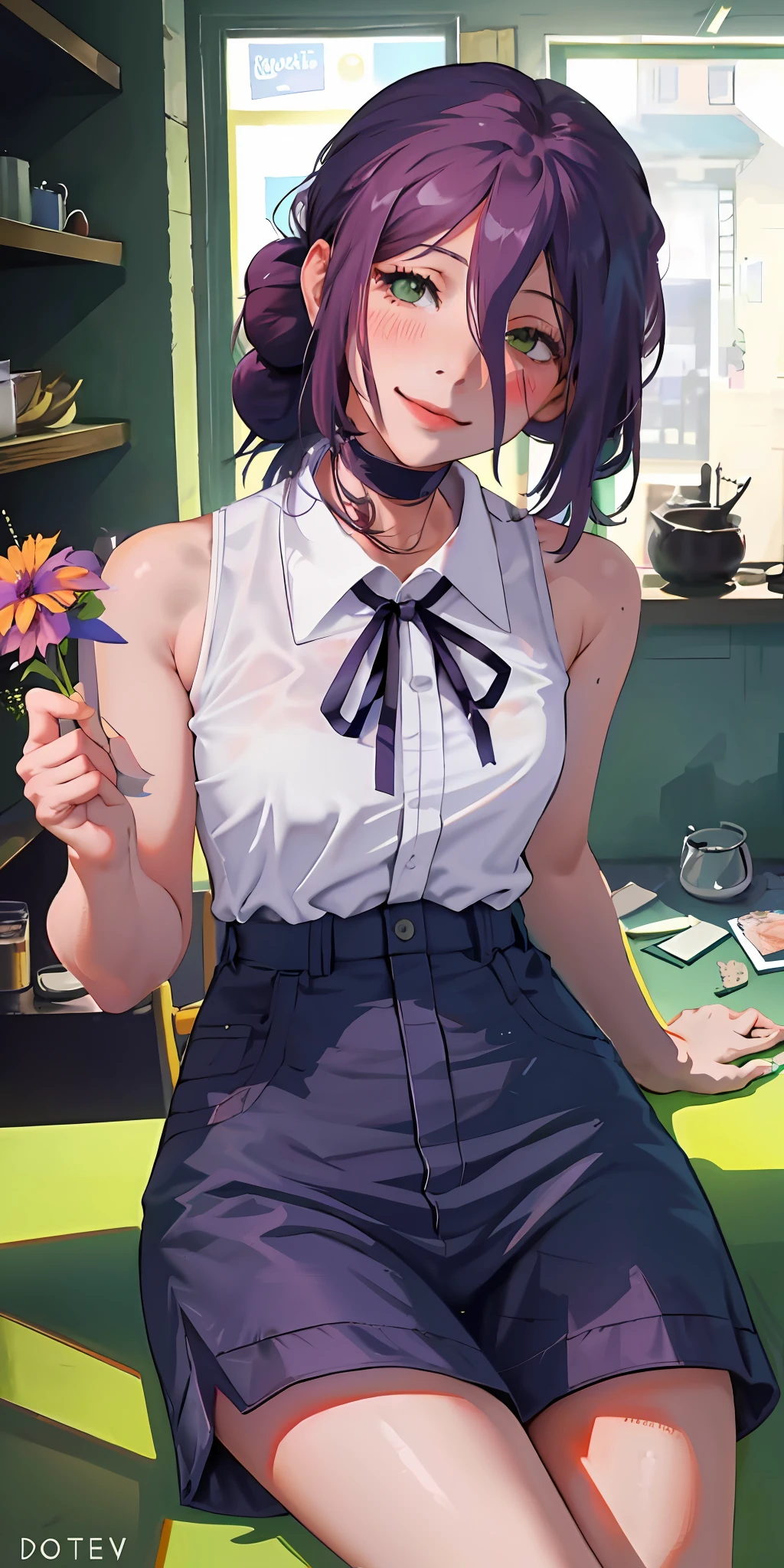 (A cute girl sitting), in a shop that sells coffee, pov, staring at the viewer, nice smile, with a bouquet of flowers, artwork, correct ???????, beautiful hands