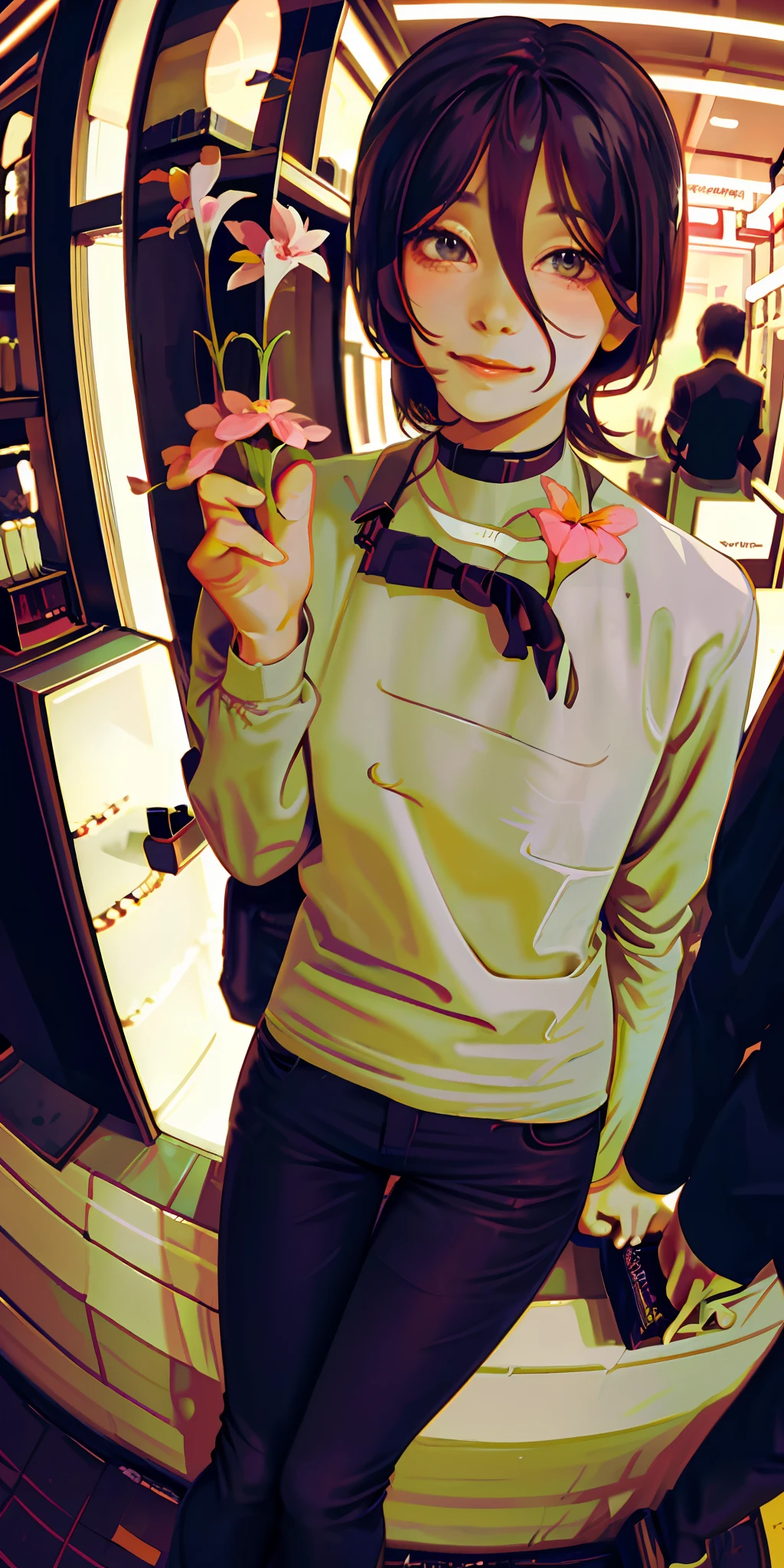 A cute girl sitting in a shop that sells coffee, pov, staring at the viewer, cute smile, ((with a bouquet of flowers)), artwork, correct anatomy, beautiful hands, fisheye PERSPECTIVE, excelente anatomía