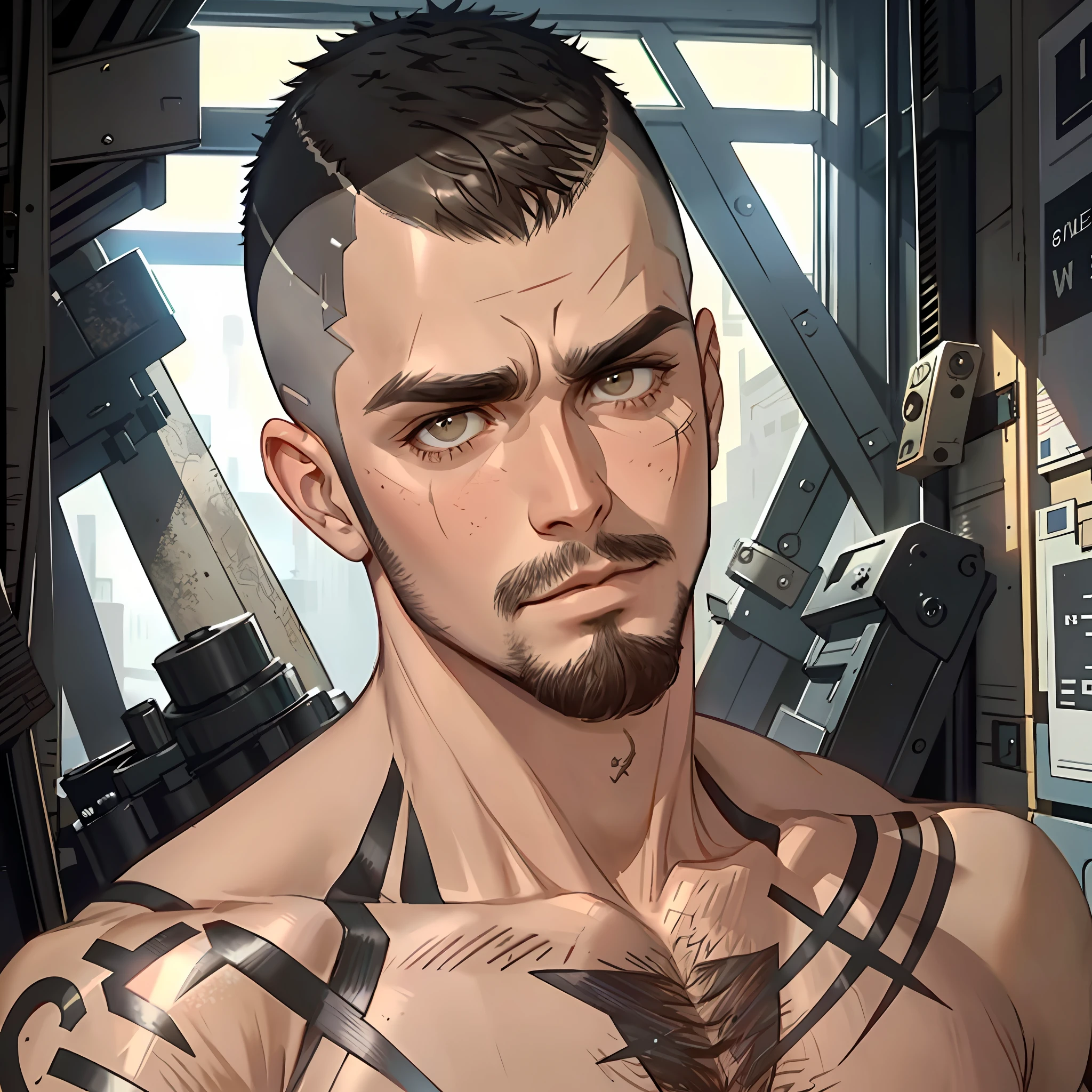 close-up, face portrait, a ruggedly handsome man, shirtless, hairy body, (buzz-cut haircut:1.3), (bad boy look:1.2), serious expression, tattoos, nice and perfect face, tired brown eyes, highly detailed, cinematic indoors lighting, natural colors, warehouse background, masculine, manly, skin texture, exceptional quality, intricate details, good proportions