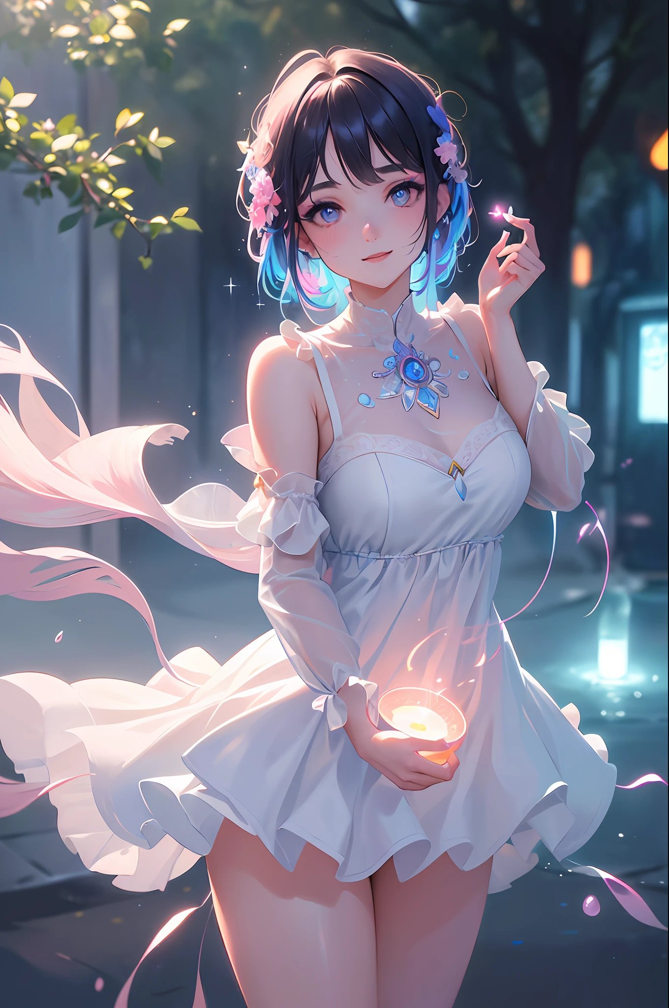 (Masterpiece:1.2), best quality, (illustration:1.2), (ultra-detailed),Eye focus,(Masterfully crafted Glow, pink lens flare), (Cinematic background), hyper details, (delicate detailed), (intricate details), octane render, hdr, (hyperdetailed:1.15), (((colourful))),(soft light:1.2), 1girl, beautiful girl, ultra detailed eyes, mature, plump, thick, rainbow painting drops, paint teardrops, woman made up from paint, entirely paint, splat, splash, outdoors, (bioluminescent hair:1.1),(glowing eyes), ((makeup)),(Cinematic masterpiece), fierce, powerful, splashes of colour absolutely eye-catching, (Cinematic headlight), ((caustic)), dynamic angle, beautiful detailed glow, ambient occlusion, ambient light, raytraced reflections,(best illumination, an extremely delicate and beautiful), ((cinematic light)), (soft:2),(Isekai event), portal into another world, chasing dreams, , (curious), (mysterious), (Exploring new world), (whimsical:2) , intricate background, vibrant, spirits, (bubbly smile),dreamscape, skyscraper, (tree of life), swirl, magic circle, 2 legs, 2 arms