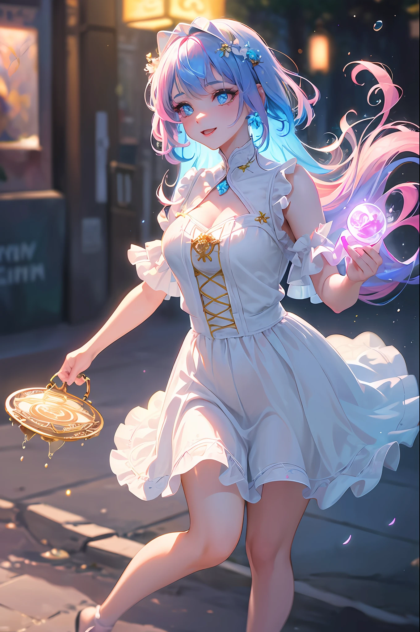 (Masterpiece:1.2), best quality, (illustration:1.2), (ultra-detailed),Eye focus,(Masterfully crafted Glow, pink lens flare), (Cinematic background), hyper details, (delicate detailed), (intricate details), octane render, hdr, (hyperdetailed:1.15), (((colourful))),(soft light:1.2), 1girl, beautiful girl, ultra detailed eyes, mature, plump, thick, rainbow painting drops, paint teardrops, woman made up from paint, entirely paint, splat, splash, outdoors, (bioluminescent hair:1.1),(glowing eyes), ((makeup)),(Cinematic masterpiece), fierce, powerful, splashes of colour absolutely eye-catching, (Cinematic headlight), ((caustic)), dynamic angle, beautiful detailed glow, ambient occlusion, ambient light, raytraced reflections,(best illumination, an extremely delicate and beautiful), ((cinematic light)), (soft:2),(Isekai event), portal into another world, chasing dreams, , (curious), (mysterious), (Exploring new world), (whimsical:2) , intricate background, vibrant, spirits, (bubbly smile),dreamscape, skyscraper, (tree of life), swirl, magic circle, 2 legs, 2 arms