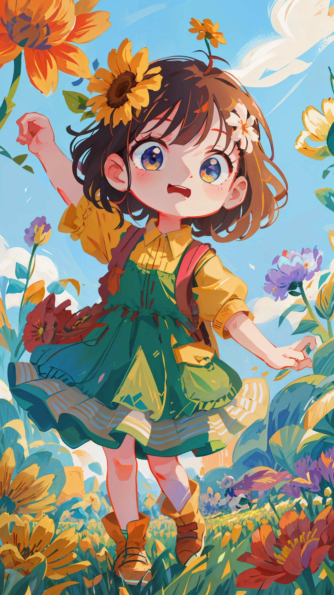 cartoon girl in a field of flowers with a backpack, childrens art in artstation, cute detailed digital art, cute art style, cute detailed artwork, adorable digital painting, girl in flowers, cute digital art, girl dancing in a flower field, full body portrait of a short!, girl in a flower field, a beautiful artwork illustration, girl jumping in a flower field