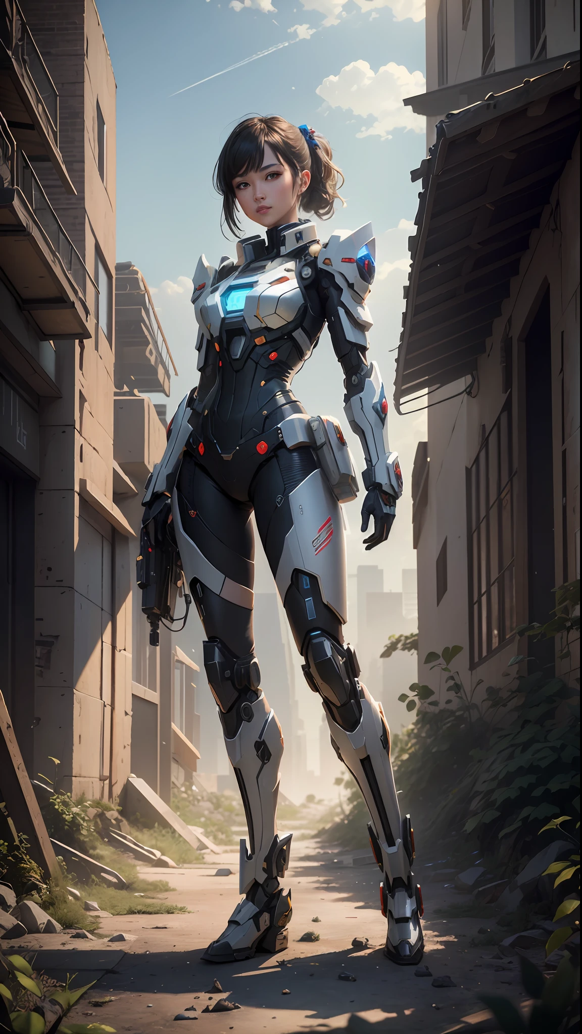 ((Best quality)), ((masterpiece)), (highly detailed:1.3), 3D,Shitu-mecha, beautiful cyberpunk women with her mecha in the ruins of city from a forgoten war, ancient technology,HDR (High Dynamic Range),Ray Tracing,NVIDIA RTX,Super-Resolution,Unreal 5,Subsurface scattering,PBR Texturing,Post-processing,Anisotropic Filtering,Depth-of-field,Maximum clarity and sharpness,Multi-layered textures,Albedo and Specular maps,Surface shading,Accurate simulation of light-material interaction,Perfect proportions,Octane Render,Two-tone lighting,Low ISO,White balance,Rule of thirds,Wide aperature,8K RAW,Efficient Sub-Pixel,sub-pixel convolution,luminescent particles,light scattering,Tyndall effect