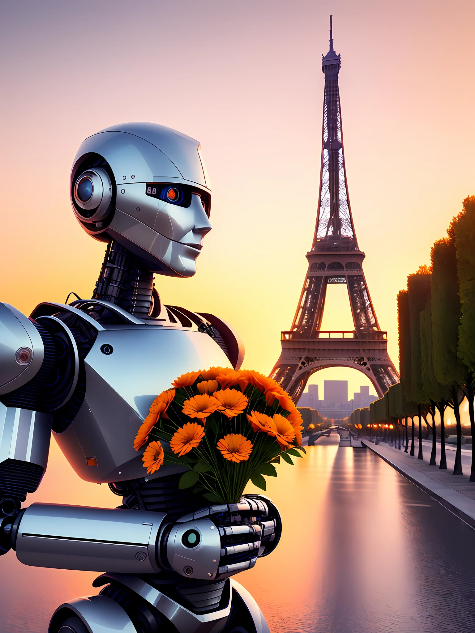 A photorealistic digital art piece portrait of a robot holding a bouquet of flowers in front of the Eiffel Tower, photography, realistic, cinematic lighting, sunset, romantic, melancholy, looking at the camera, ultrarealistic.