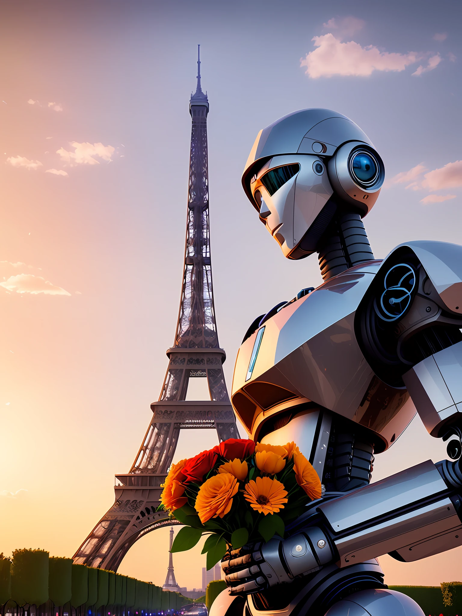 A photorealistic digital art piece portrait of a robot holding a bouquet of flowers in front of the Eiffel Tower, photography, realistic, cinematic lighting, sunset, romantic, melancholy, looking at the camera, ultrarealistic.