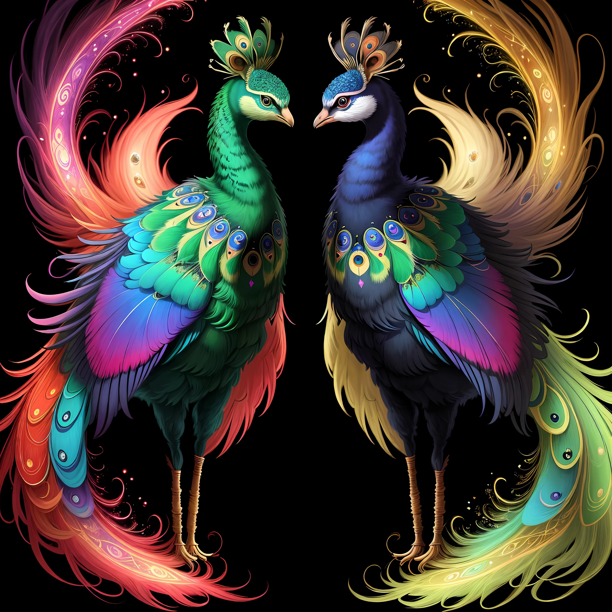 a painting of a couple of colorful peacocks on a black background,, breathtaking rendering, within a radiant connection, inspired by Kinuko Y. Craft,, magical elements, kitten icon, wow, is gorgeous, casting a multi colorful spell, bright flash, flash