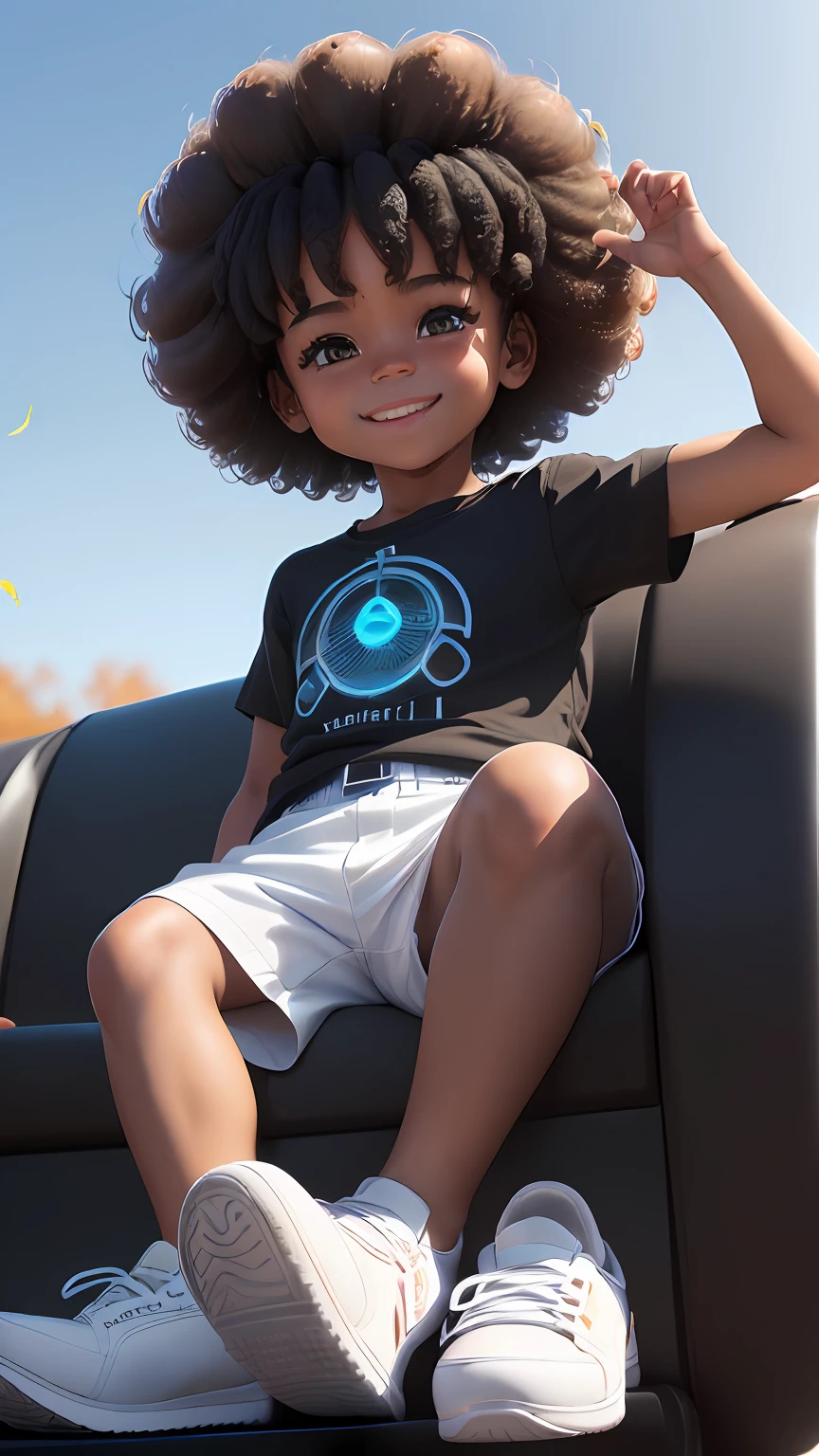 ((3D, best quality: 1.3)), ultra-detailed, SK, ((((solo))), full body, (close-up of a 5-year-old baby ((afro-futuristic)): 1;15), wearing casual, current fashion, black T-shirt short, (((white shoes))), (short kanekalon hair; 1.15), (well-defined symmetrical face, expression of happiness: 1.12), riding in mercedes luxury convertible car, ((detailed and crisp facial expressions)), autumn, floas in the wind, warm and soft dark luminosity, motion blur, magnificent blue sky, redenrization by motorirreal