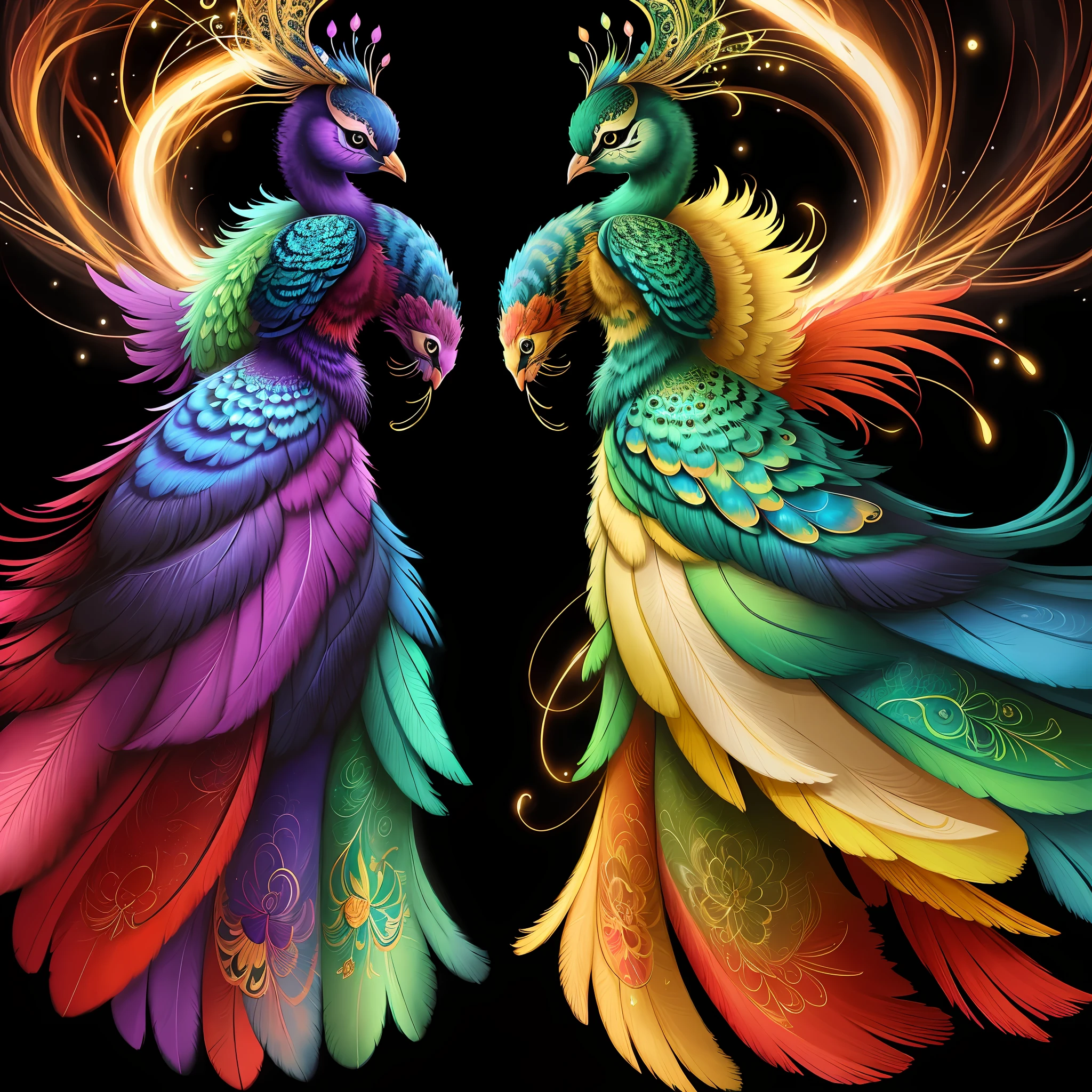 a painting of a couple of colorful peacocks on a black background,, breathtaking rendering, within a radiant connection, inspired by Kinuko Y. Craft,, magical elements, kitten icon, wow, is gorgeous, casting a multi colorful spell, bright flash, flash