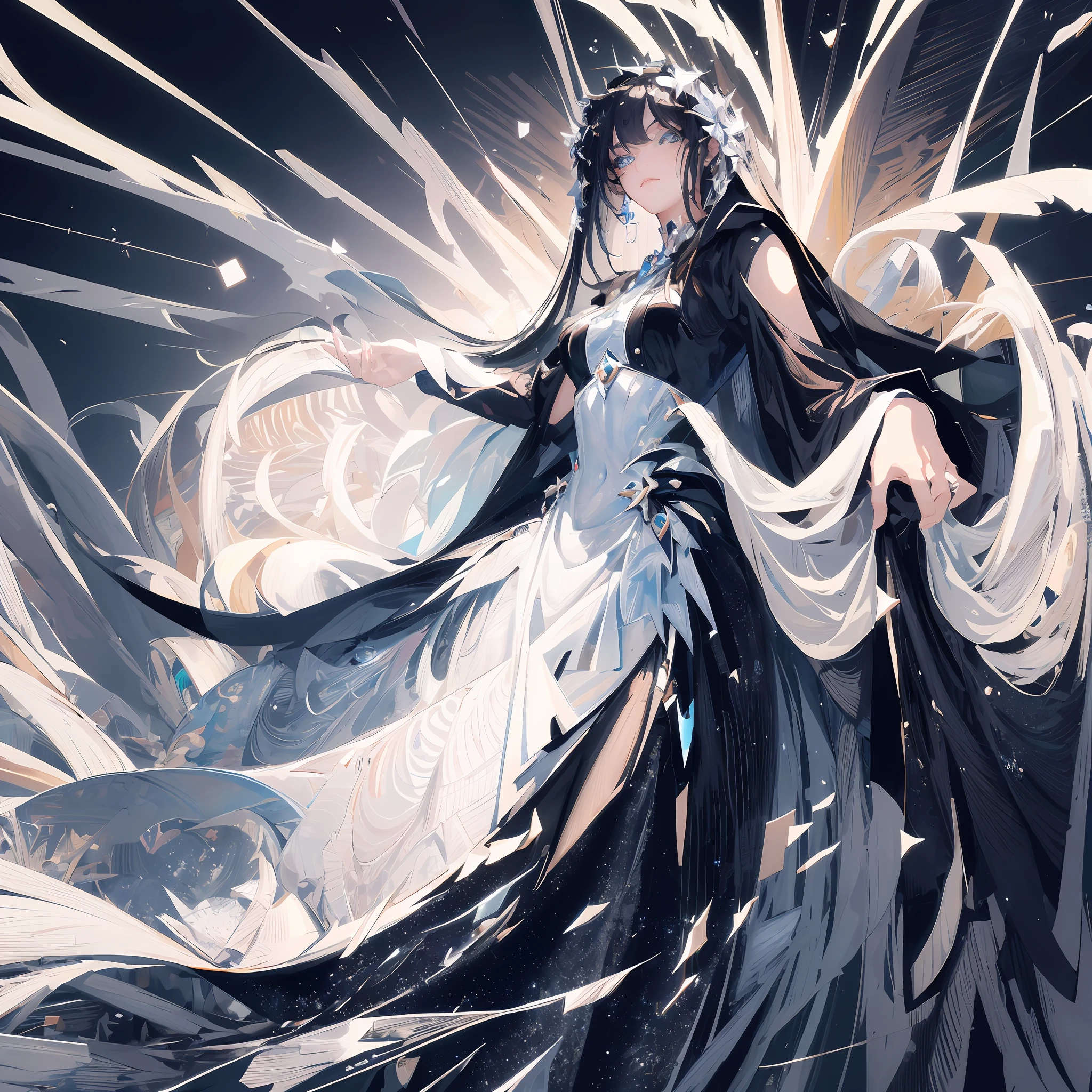 ((Masterpiece, Superb, Super Detailed, High Resolution)), solo, beautiful girl, sparkling eyes, perfect eyes, 15 years old, black and white gold theme,